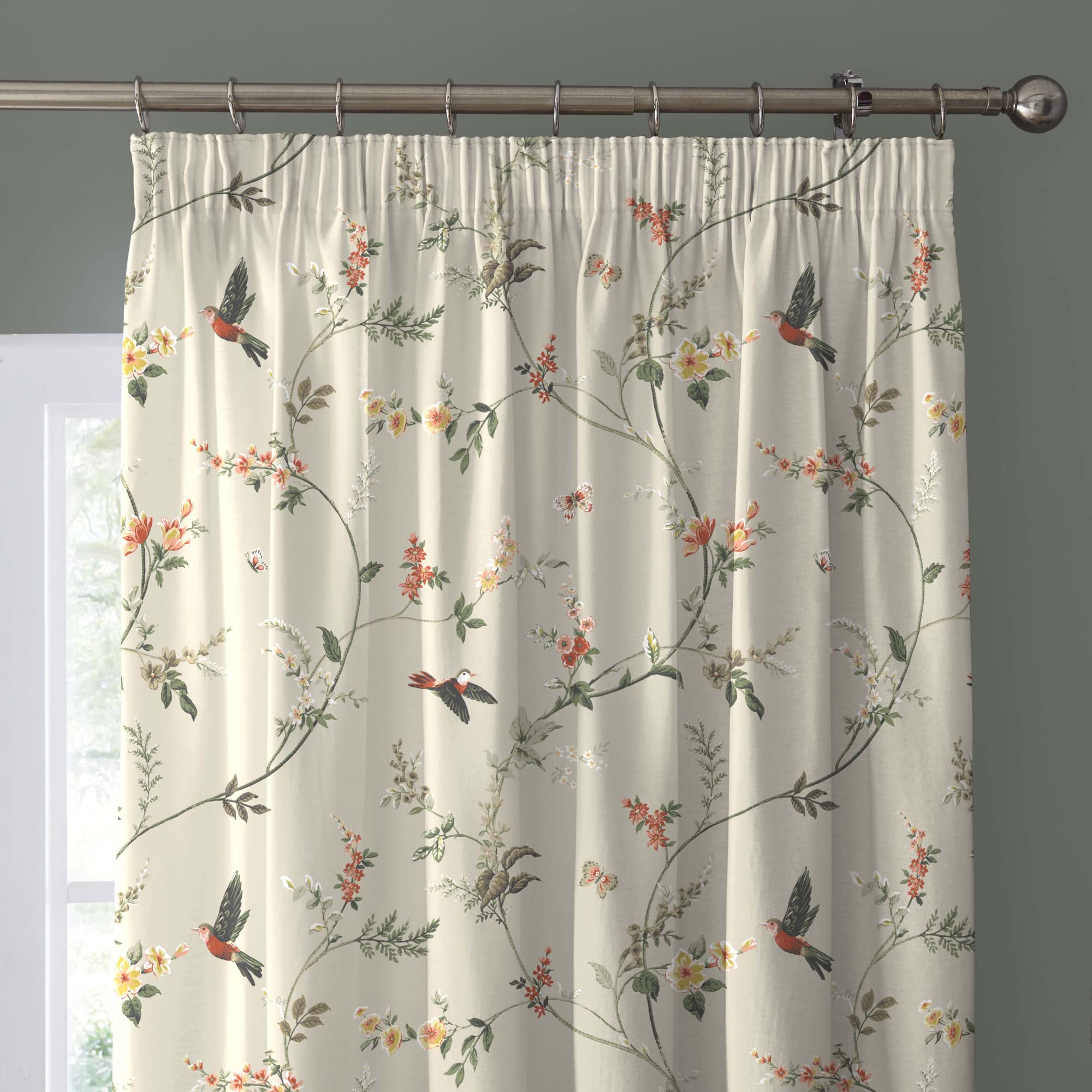 Dreams & Drapes - Natural Floral & Bird Curtains W90 x L90 (229 x 229cm) - 2x Pencil Pleat Curtains - 2x Tie Backs - 100% Cotton - Botanical Curtains
