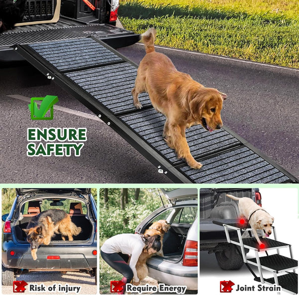 170cm Long Dog Ramp for Cars,43cm Wide Folding Dog Ramp for Large Dogs with High Traction Carpet Surface,Non-slip for Truck,SUV,Portable Pet Ramp Stairs for Medium Large Dog Up to 100kg