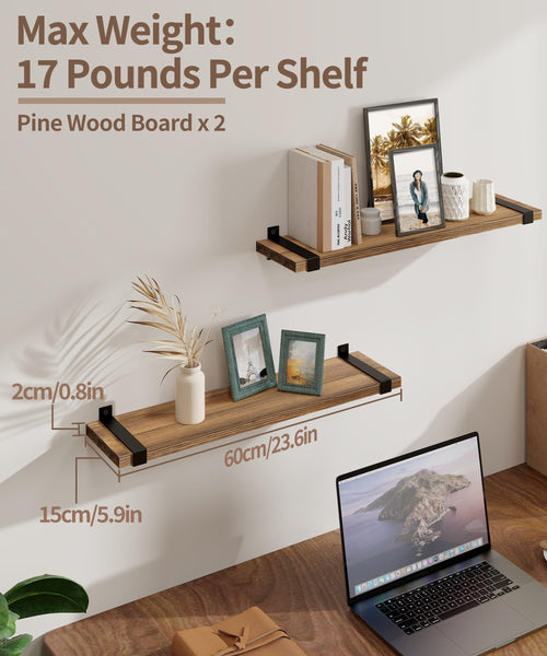 Gronda Rustic Floating Shelves, Dark Wood Wall Mounted Shelf Storage 60CM Natural Shelf Rustic Farmhouse Display for Bedroom Living Room Bathroom