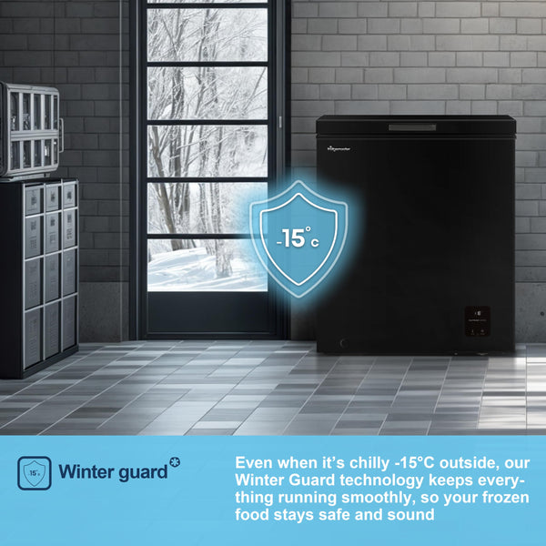 Fridgemaster MCF142EB 142L Chester Freezer 4 Star Freezer Rating - 55.9D x 62.5W x 85.4H cm Black with Recessed Handle - E Rated