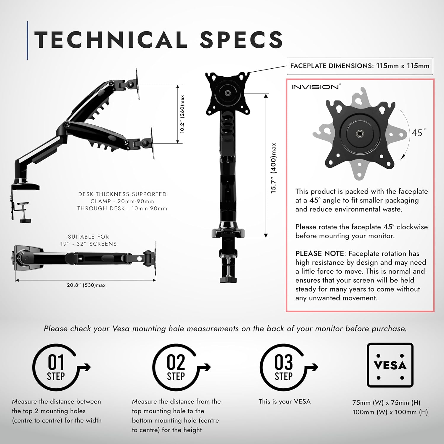 Invision Single Monitor Arm Desk Mount for 19-32 Inch Screens - VESA 75/100mm Stand Desk Clamp - Tool Free Height Adjustment with Tilt Swivel Rotate - Increased Load Capacity from 2-9kg (MX200)