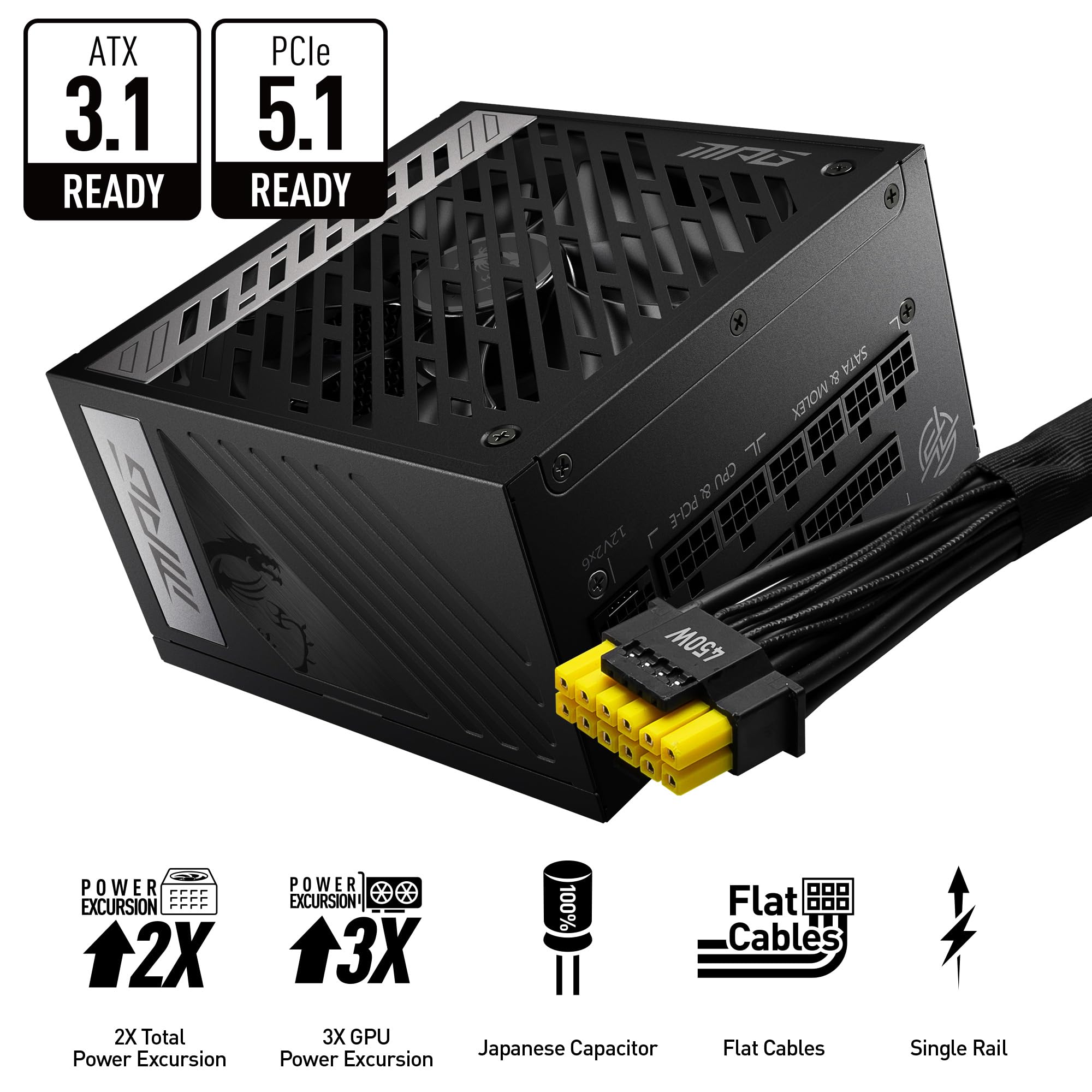 MSI MPG A1000G PCIE5 Power Supply Unit, UK Plug - 1000W, 80 Plus Gold Certified, Fully Modular ATX 3.0, PCIe 5.0 GPU Support, Japanese 105°C Capacitors, 0% RPM Mode, Flat Cables - 10 Year Warranty