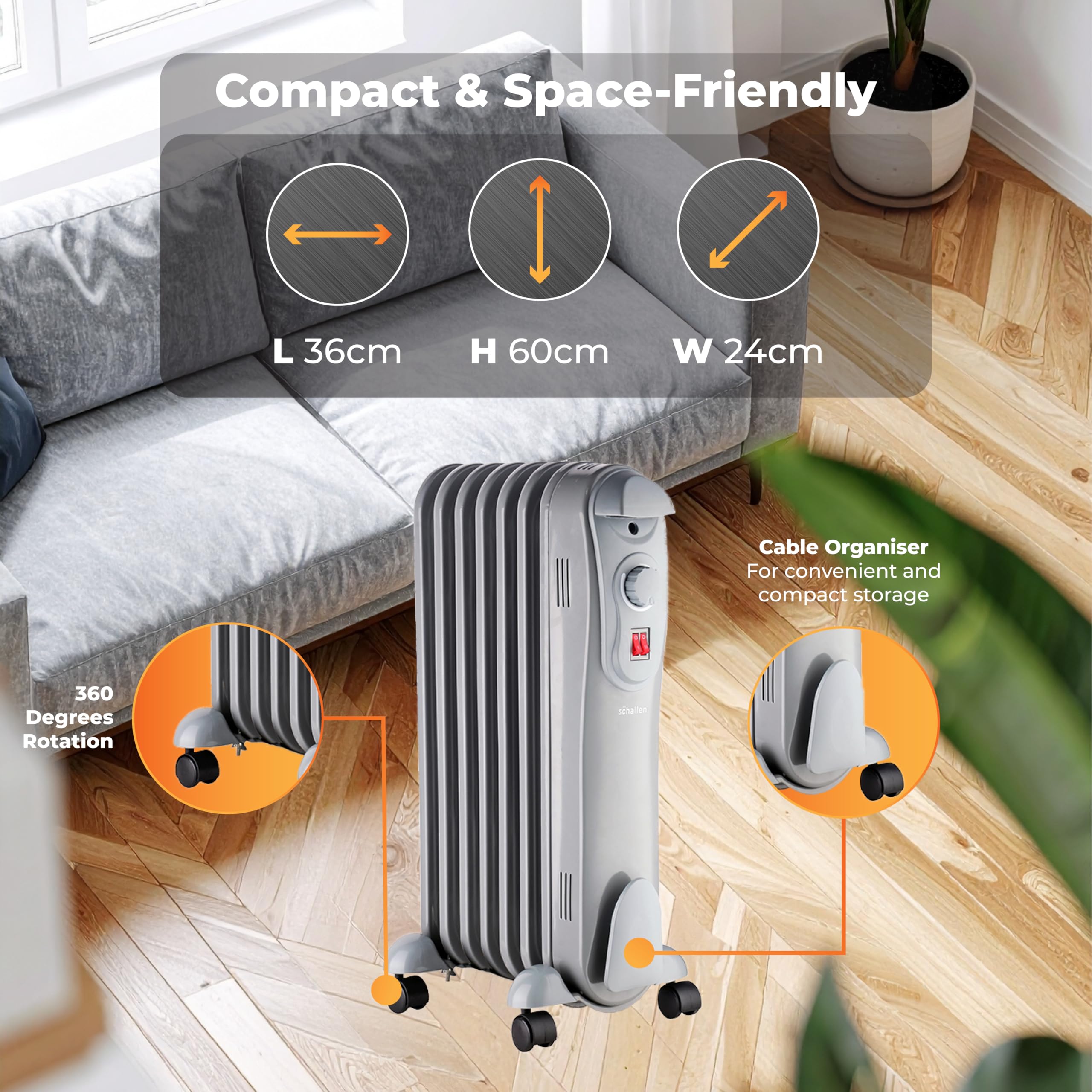 Schallen 1500W 7 Fin Portable Electric Slim Oil Filled Radiator Heater with Adjustable Temperature Thermostat, 3 Heat Settings & Safety Cut Off | 1.5Kw GREY