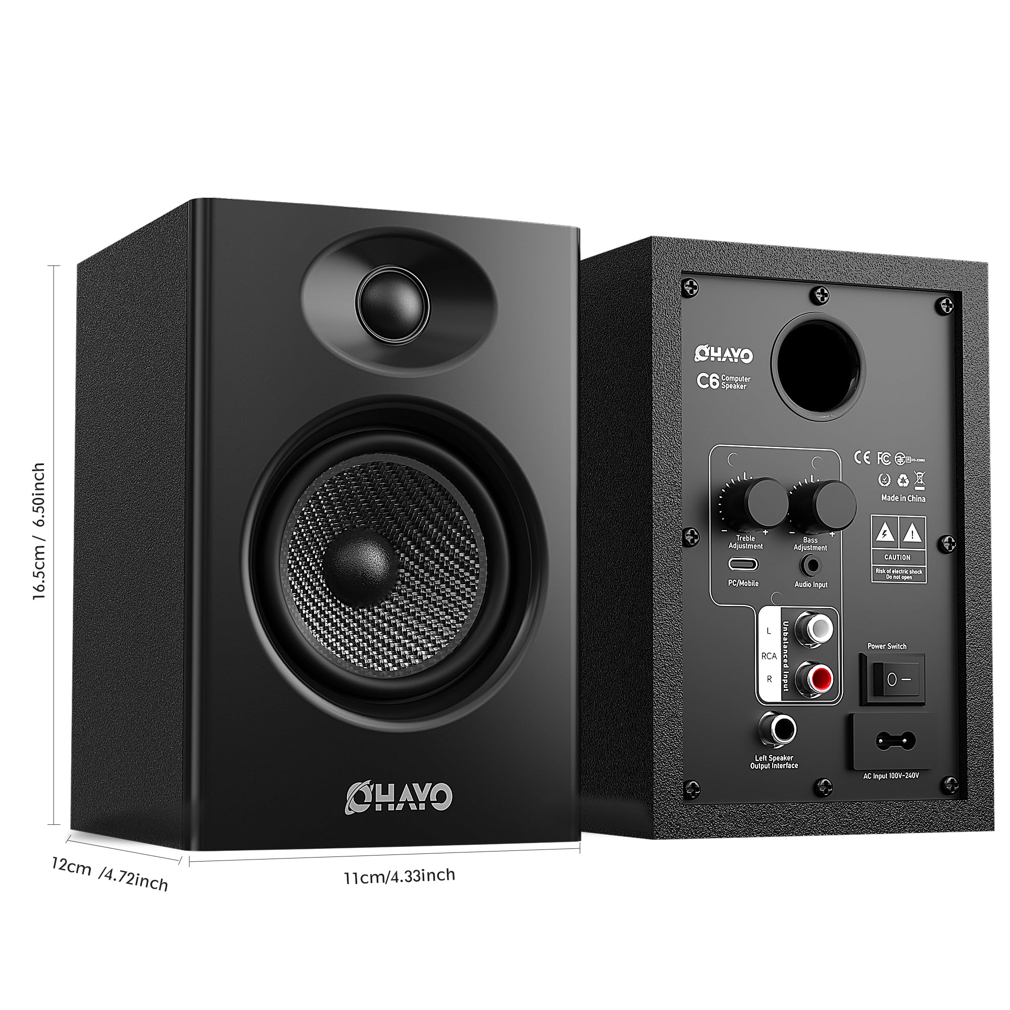 OHAYO C6 Bookshelf Speakers with 60W Peak Power, Stereo 2.0, Active Bluetooth 5.3, RCA/AUX/USB Input,Integrated Sound Card for Music and Gaming, PC Speakers for Desktop PC,TV or Laptop, Black
