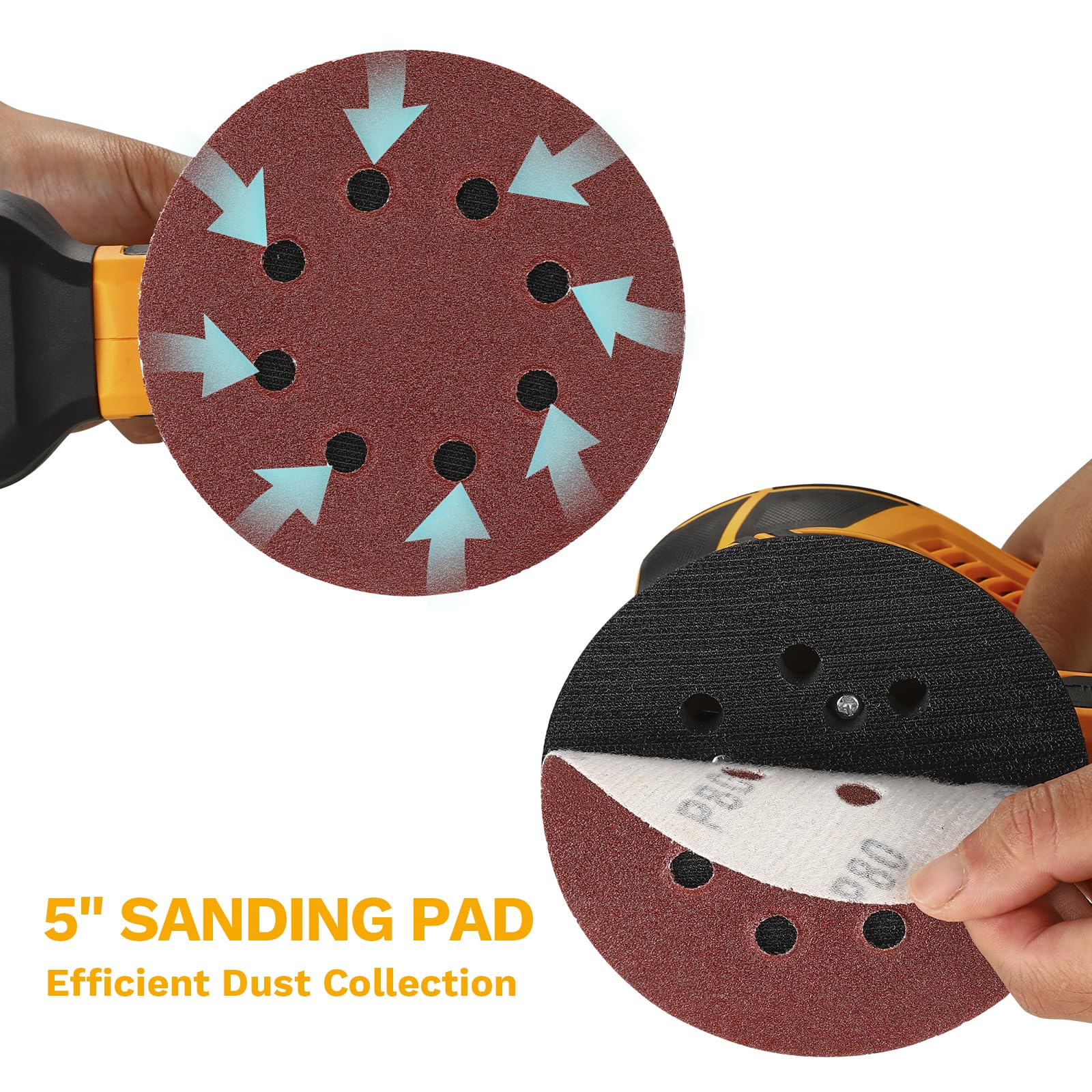 DEKOPRO Random Orbit Sander 300W with 16Pcs Sandpapers, 6 Variable Speed 14000RPM, 125MM Hand Electric Tool, High Performance Dust Collection System, Fit for Woodworking/Sanding