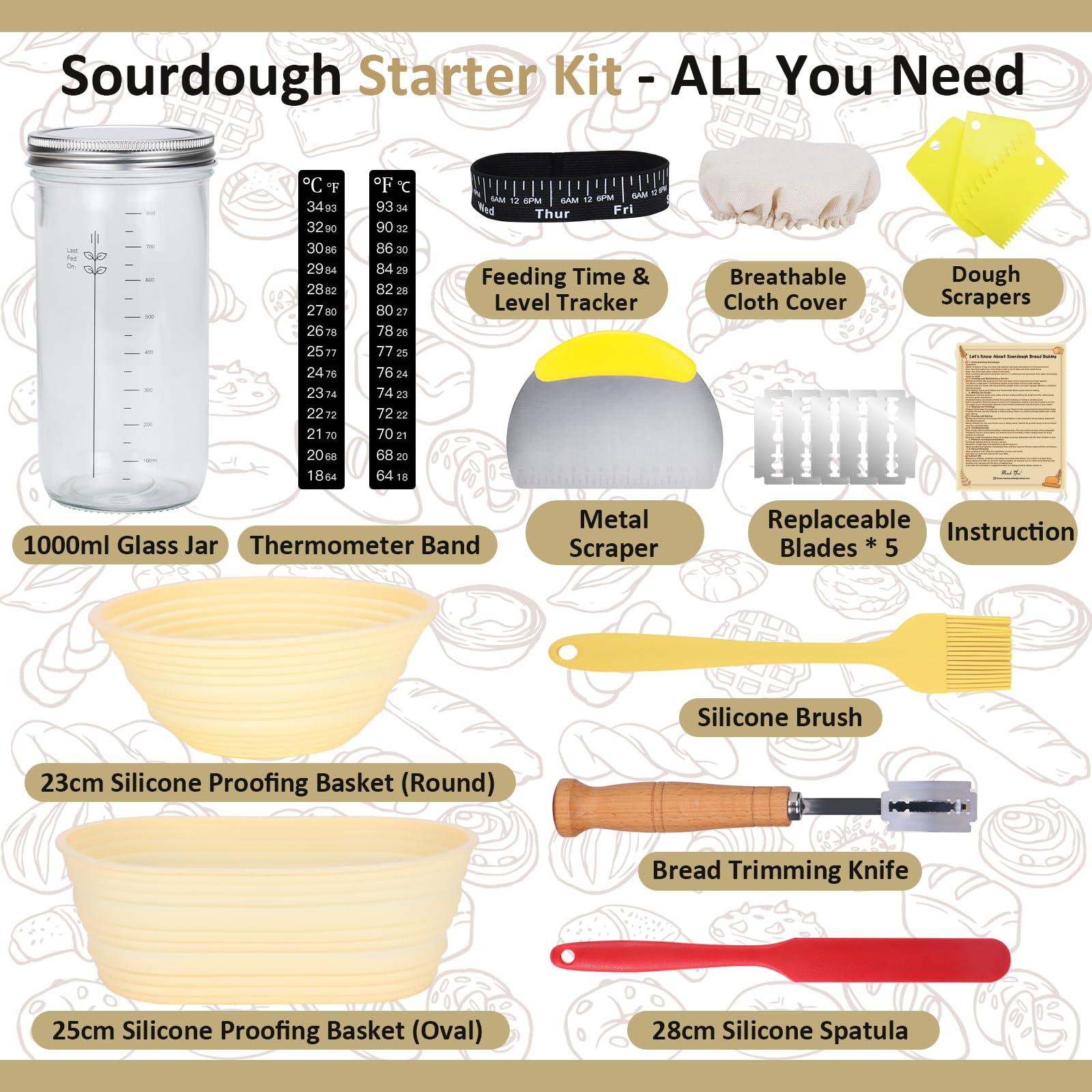 Sourdough Starter Kit for Beginner, 1000ml Sourdough Starter Jar, 2 Bread Proofing Baskets, Thermometer, Feeding Time Tracker, Metal Scraper, Easy to