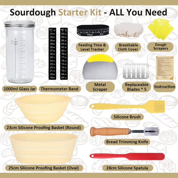 Sourdough Starter Kit for Beginner, 1000ml Sourdough Starter Jar, 2 Bread Proofing Baskets, Thermometer, Feeding Time Tracker, Metal Scraper, Easy to