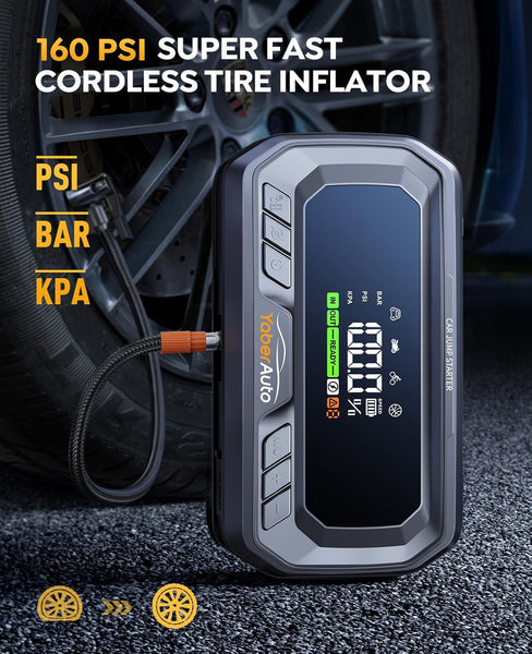 YaberAuto 10-in-1 Jump Starter Power Pack 6000A with Air Compressor 160PSI, Portable PD 65W Car Battery Jump Starter (All Gas/12L Diesel) Jumper Starter Power Bank with Jump Leads, 160W DC,600 Lumen