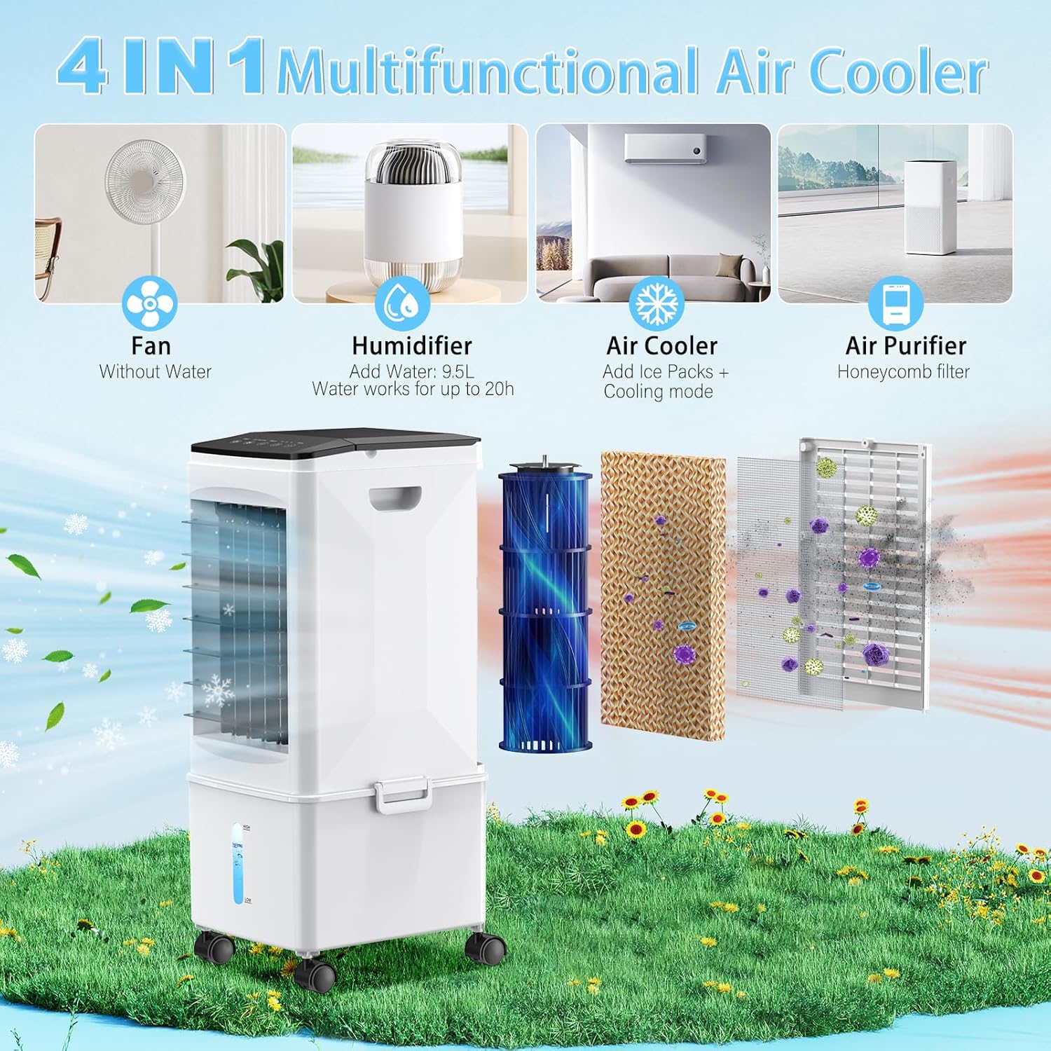 Bidiowe Mobile Air Conditioners, 9.5L AC Unit Tank 60W Evaporative Air Cooler Automatic Light Off 60°/120° Oscillation 3 Modes 7H Timer Remote Control 3 Ice Box Quiet Cooling Fan for Home, Office