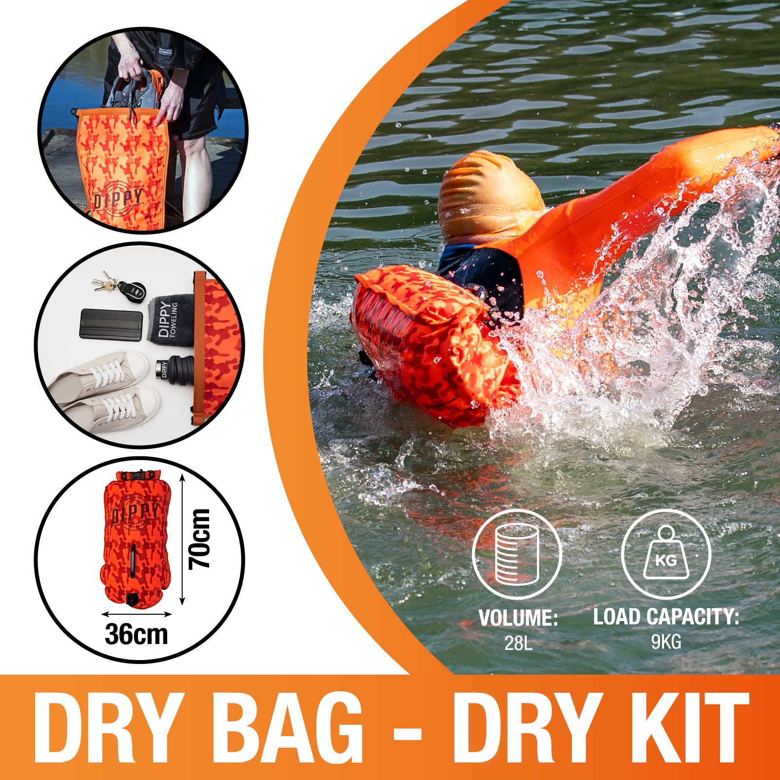 DIPPY Tow Floats for Open Water Swimming | 28L Swim Buoy Open Water Swimming Float | Waterproof Swimming Buoy | Tow Float Dry Bag | Wild Swimming Float | Wild Swimming Accessories Triathlete, Swimmer