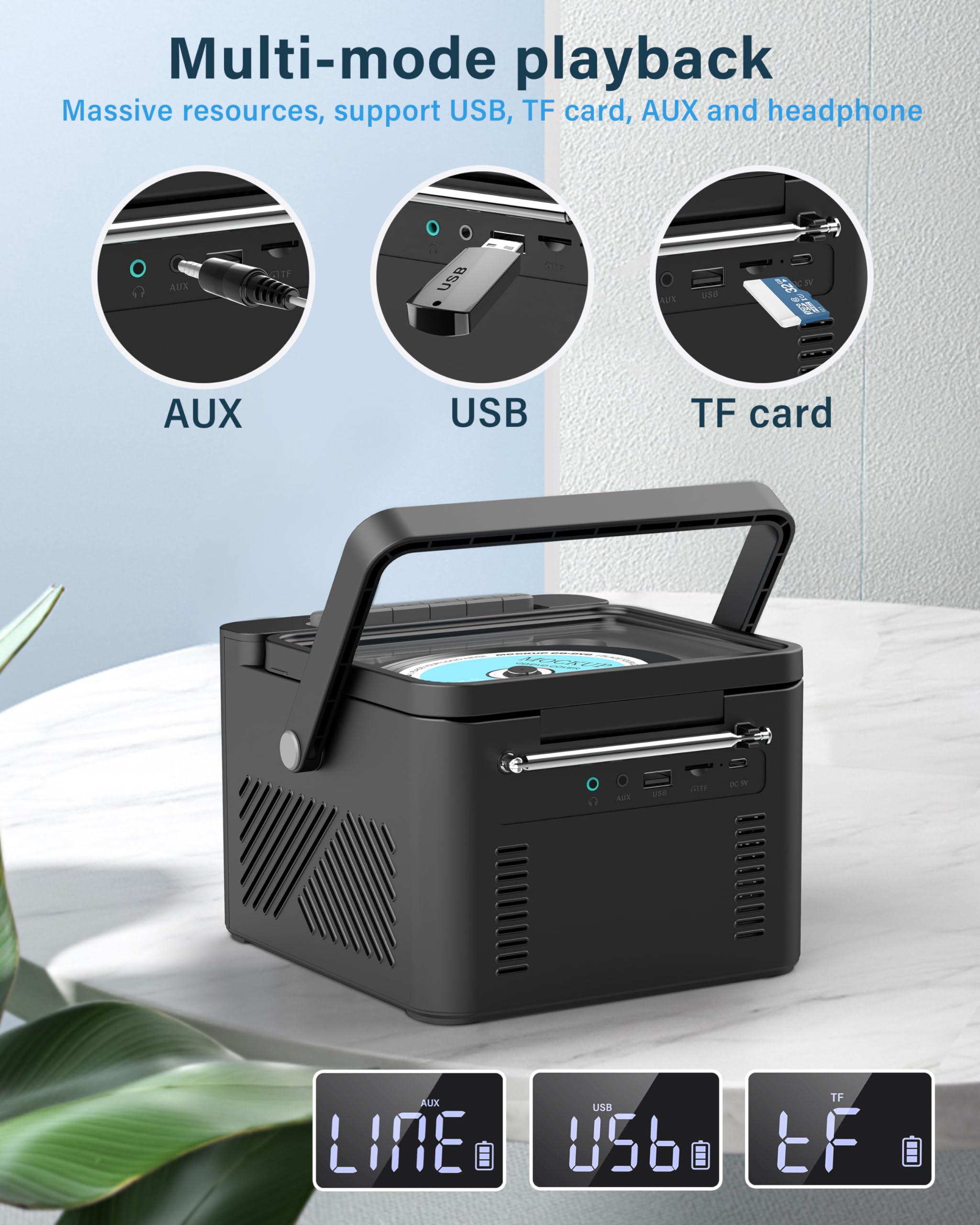 Greadio Portable CD Player for Home, Rechargeable Boombox Cassette Player, FM Radio CD Player with Bluetooth, 5000mAh Battery, Remote Control, USB, AUX, TF/SD Card, 5W Dual Stereo Speaker (Black)