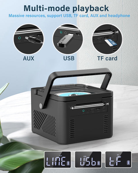 Greadio Portable CD Player for Home, Rechargeable Boombox Cassette Player, FM Radio CD Player with Bluetooth, 5000mAh Battery, Remote Control, USB, AUX, TF/SD Card, 5W Dual Stereo Speaker (Black)