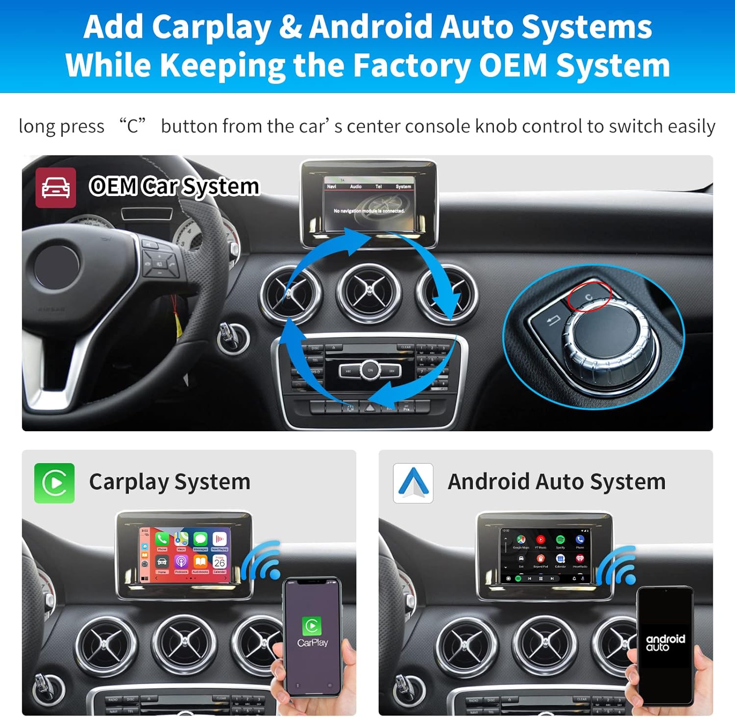 Road Top Wireless Carplay Retrofit Kit Decoder for Mercedes Benz A/B/C/GLK/GLA/GLC/GLS/ML/GL/SLK/E/G/V Class 2011-2015 Year with NTG4.5/4.7 System, Compatible with Apple Carplay & Android Auto