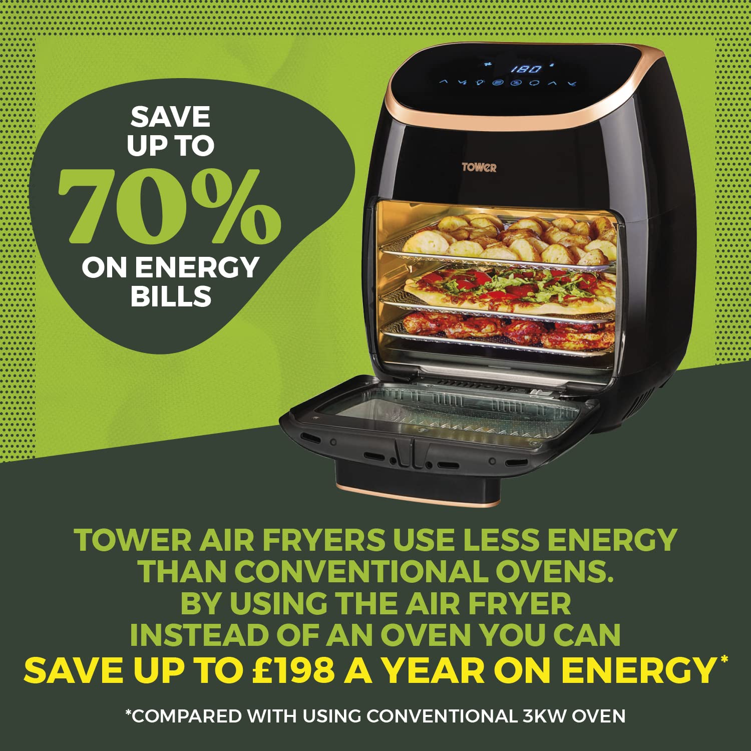 Tower T17122 Vortx Platinum Xpress Digital 30L Air Fryer Oven with Vizion Viewing Window, 18 Cooking Options, 2 Hour Timer, 1800W, Black