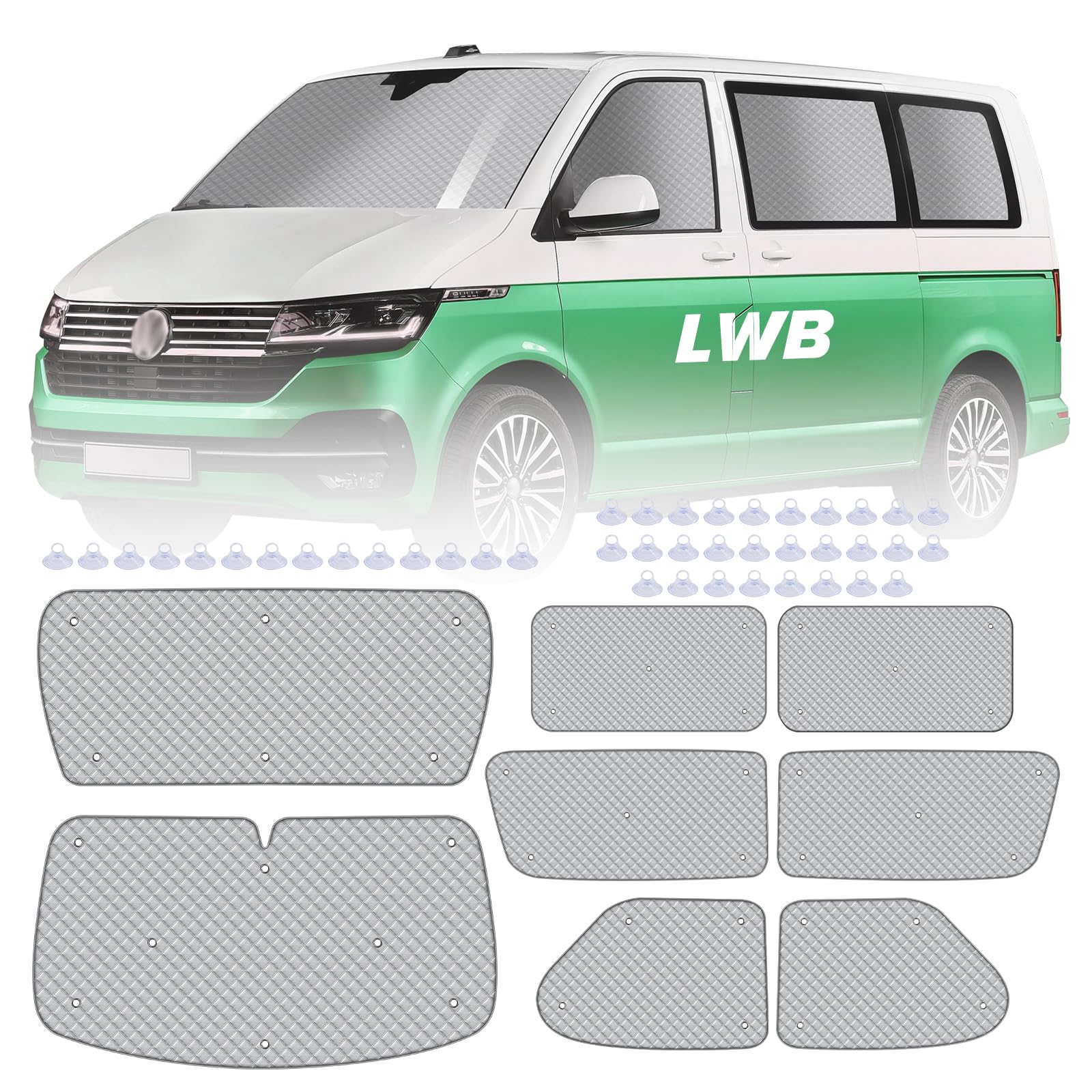 MaxAwe 8Pcs Internal Thermal Blind Set Fits for VW T5/T6 LWB, Luxury Sunshade Wrap Cover Kit, Window Front Screen Cover, Summer Uv Sun Blind & Winter Insulation Cover for VW Campervans & Motorhome