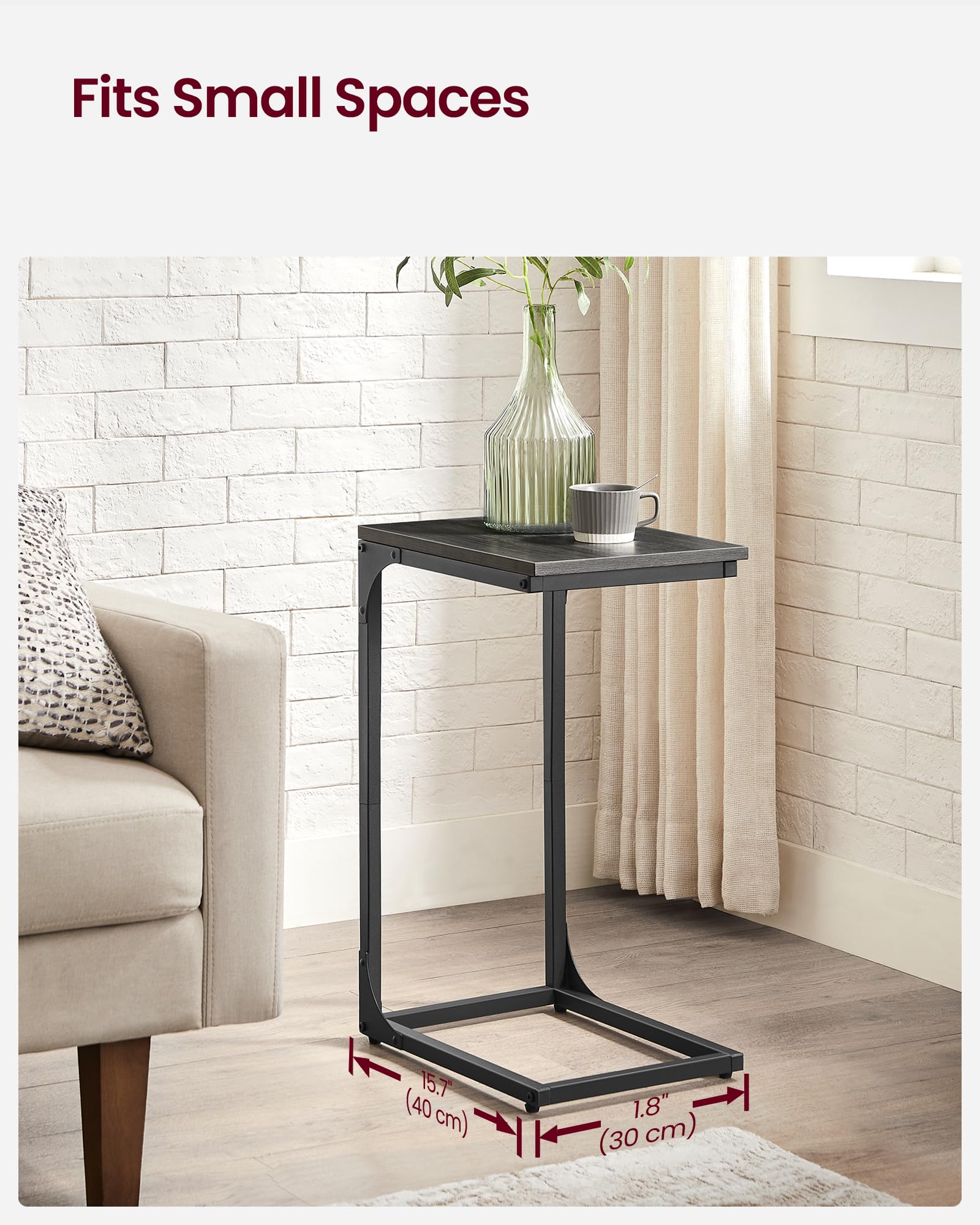 VASAGLE C-Shaped Side Table, Bedside Table, Sofa Side Table, Coffee Table, with Metal Frame, Industrial, for Living Room, Bedroom, Rustic Brown and Black LET350B01