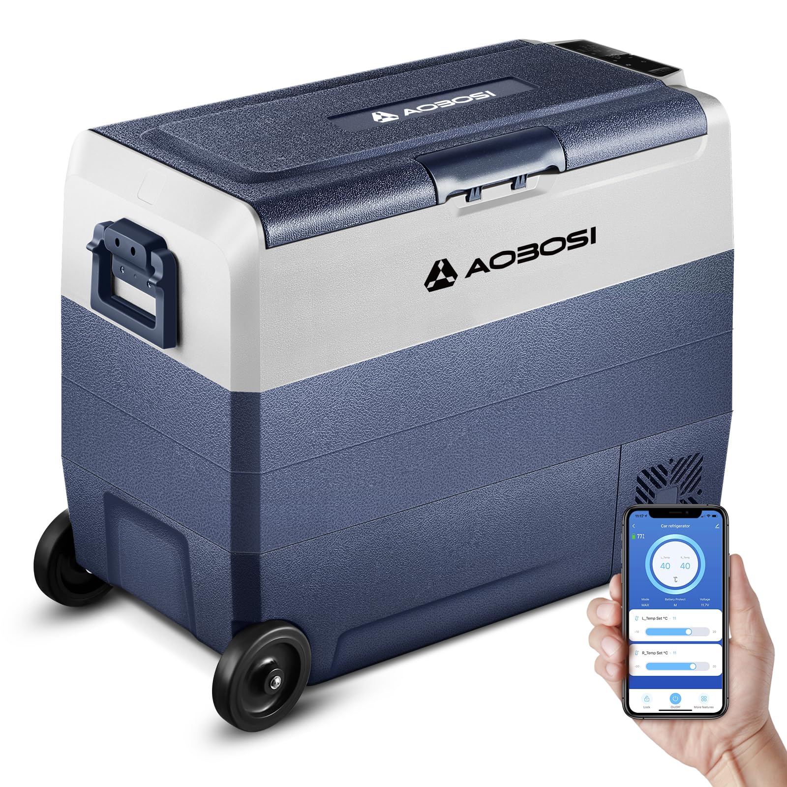 AAOBOSI 60L Car Fridge Freezer Dual Zone, Car Refrigerator 3 Way, Camping Freezer -20°C-20°C, with Wireless Connection, Compressor Fridge 12/24V DC and 100-240V AC for Campervan,Travel,RV,Camping,Boat