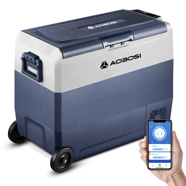 AAOBOSI 60L Car Fridge Freezer Dual Zone, Car Refrigerator 3 Way, Camping Freezer -20°C-20°C, with Wireless Connection, Compressor Fridge 12/24V DC and 100-240V AC for Campervan,Travel,RV,Camping,Boat