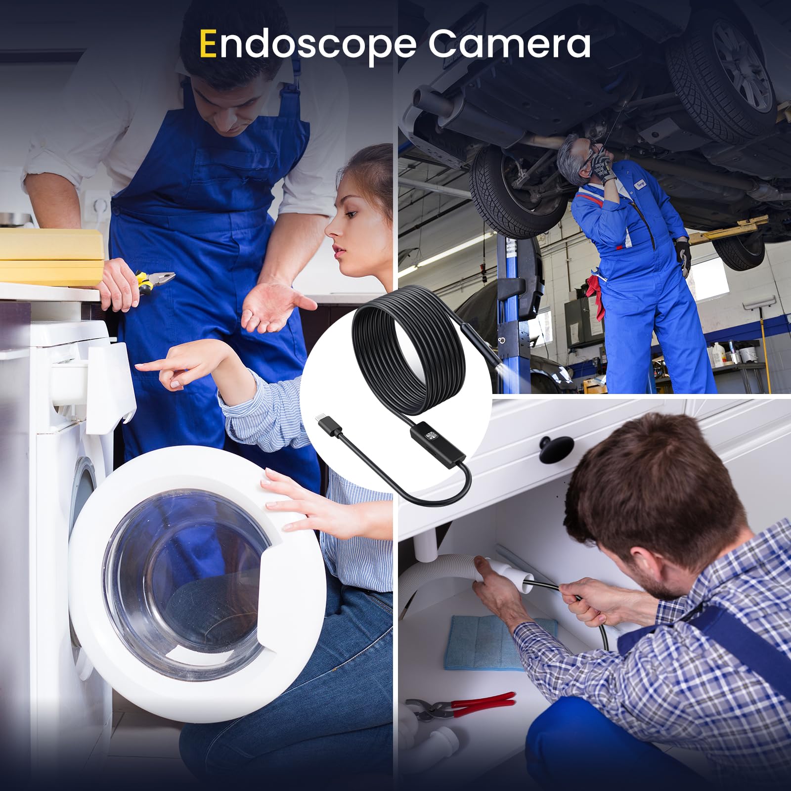 FORKODA Endoscope Inspection Camera - 1920 HD Flexible Rigid Snake Inspection Camera, 8 LED Lights Adjustable IP67 Waterproof Probe Drain Endoscope Camera for Android and iOS(16.4 ft/ 5m)