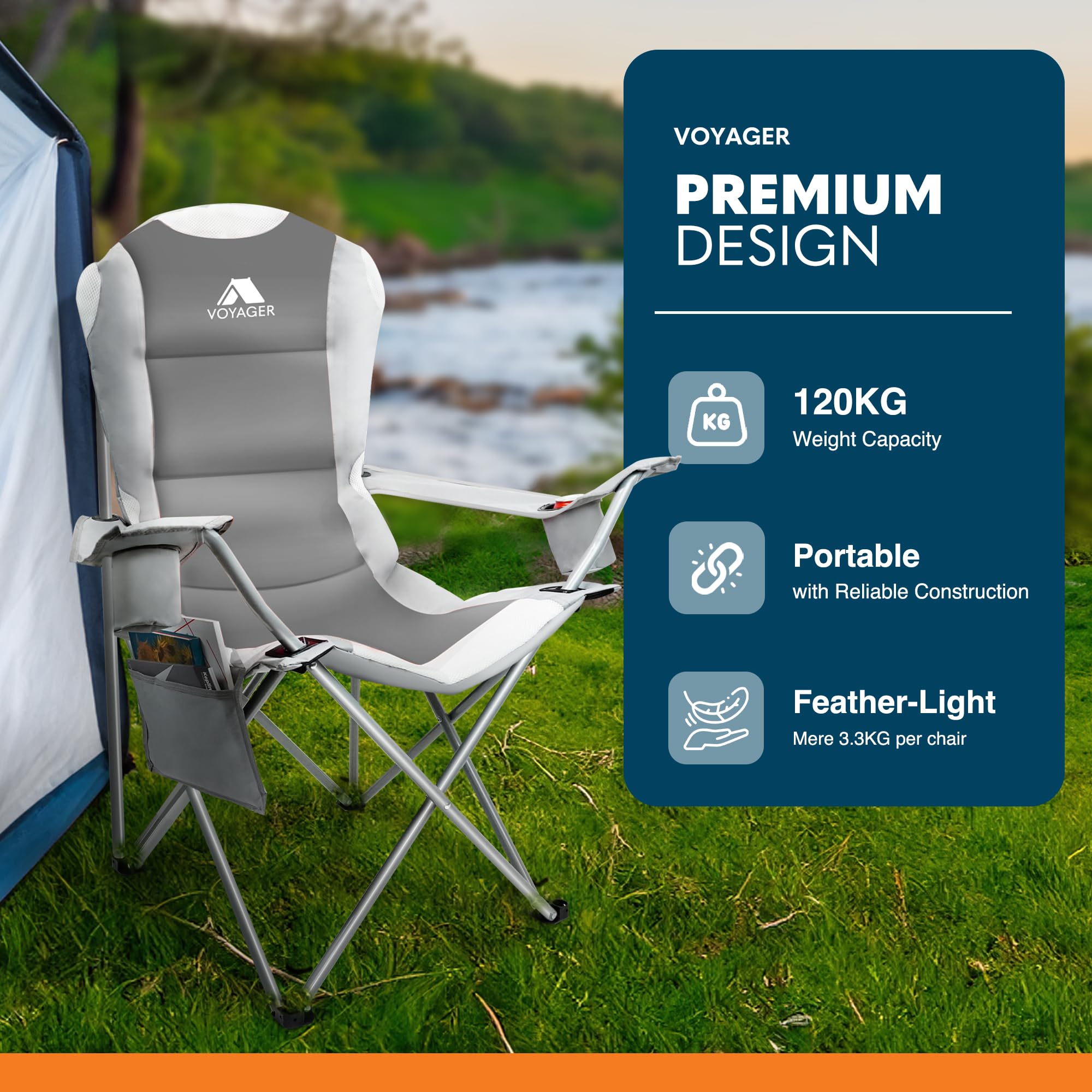 Voyager Folding Camping Chairs 2 Pack with Cooler Bag, Lightweight Q195 Steel Frame, 600D Oxford Fabric, Portable & Comfortable - Black (Black, Padded)