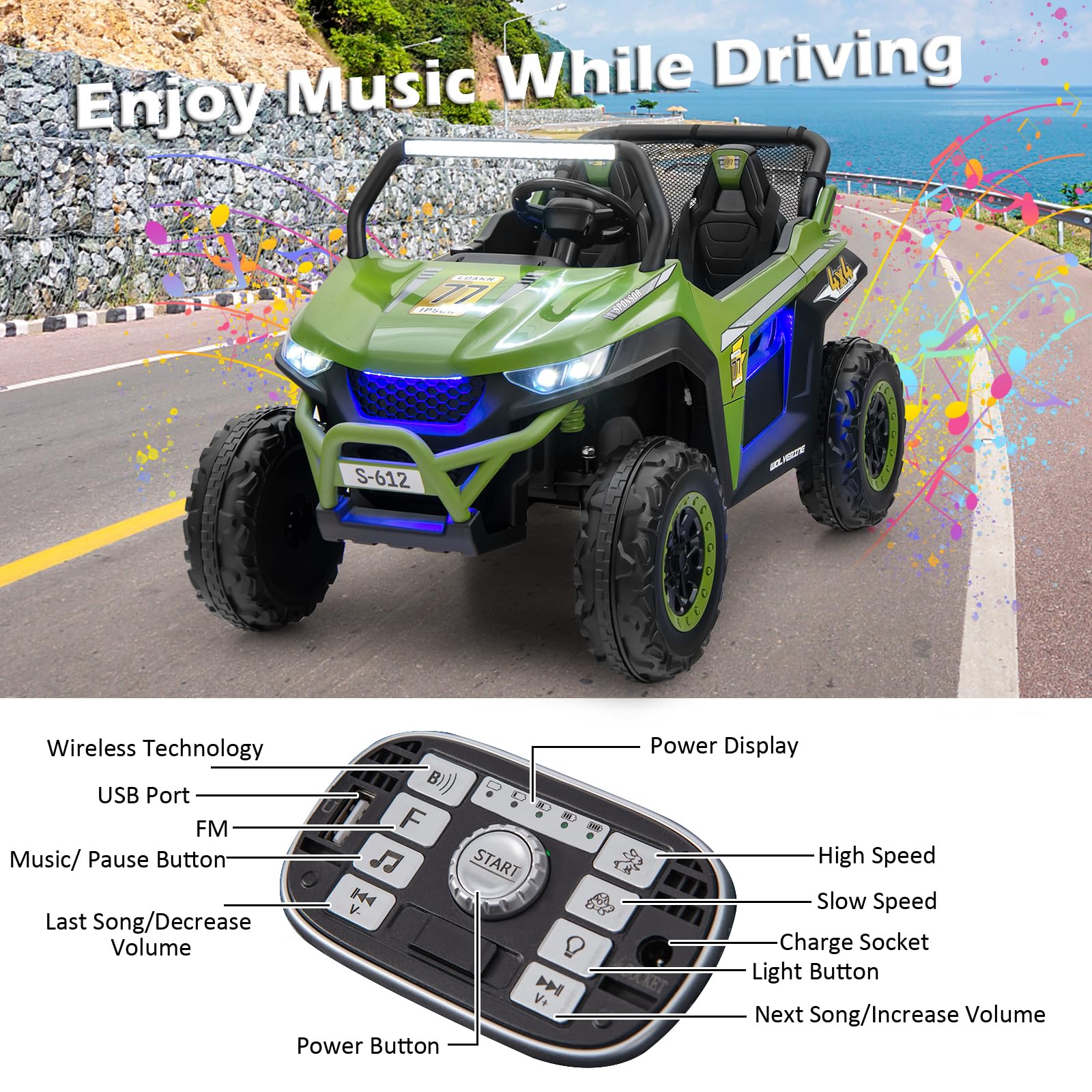 Kids Electric UTV, 2-Seater 12V Battery Powered Toy Car with Remote Control, Lights, Bluetooth, MP3, USB, FM, High/Low Speed & Suspension Spring, Children Ride on Car for 3-8 Years Old (Yellow)