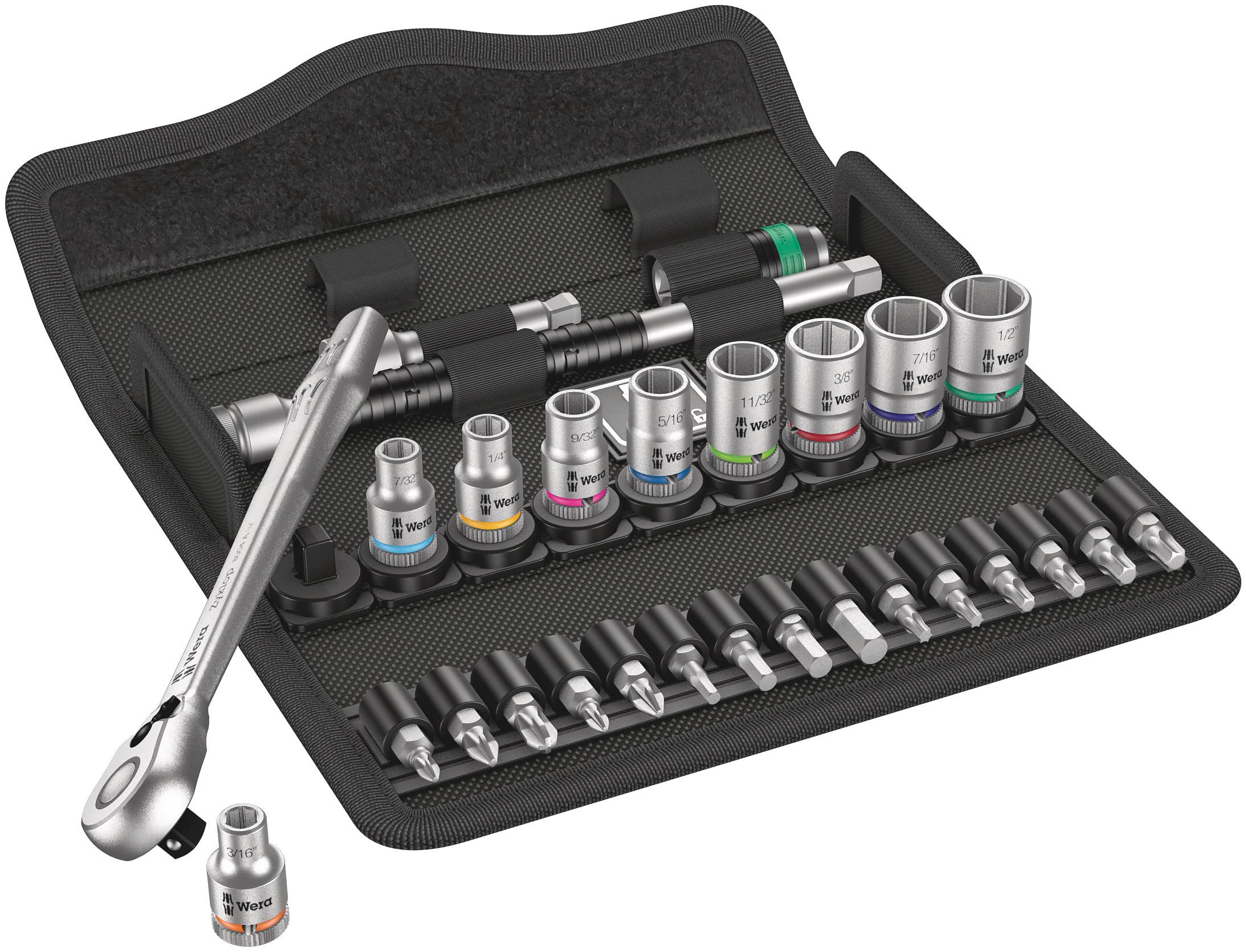 Wera 05004051001 8100 SB 11 Zyklop Metal Ratchet Set with switch lever, 3/8" drive, imperial, 29 pieces, Silver