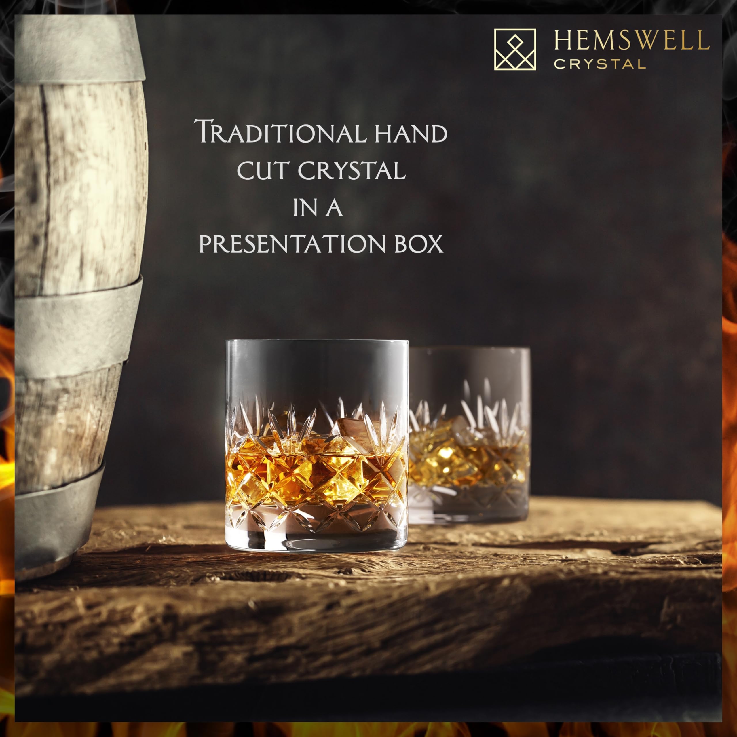 Hemswell Crystal Whiskey Glasses Set of 2 - Crystal Whisky Glasses 310ml - Cut Glass Whiskey Tumblers - Lead Free - Satin Lined Box - Glenrigg