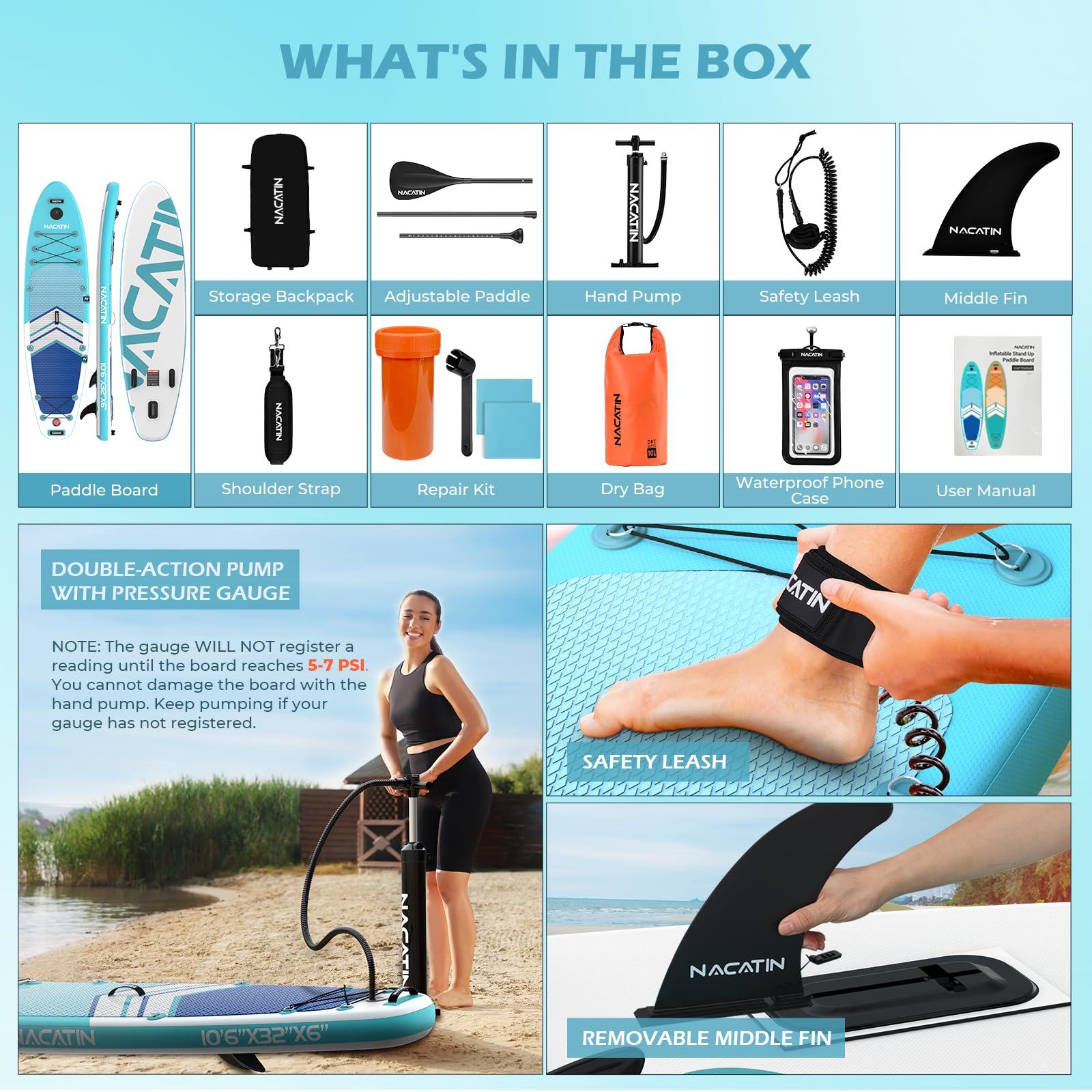 Paddle Boards for Adults, NACATIN Inflatable Stand Up Paddle Board with 10'6" SUP Paddleboard, Adjustable Paddle, Pump, Backpack, Dry Bag, Ideal for All Skill Levels (Optional Kayak Seat Available)