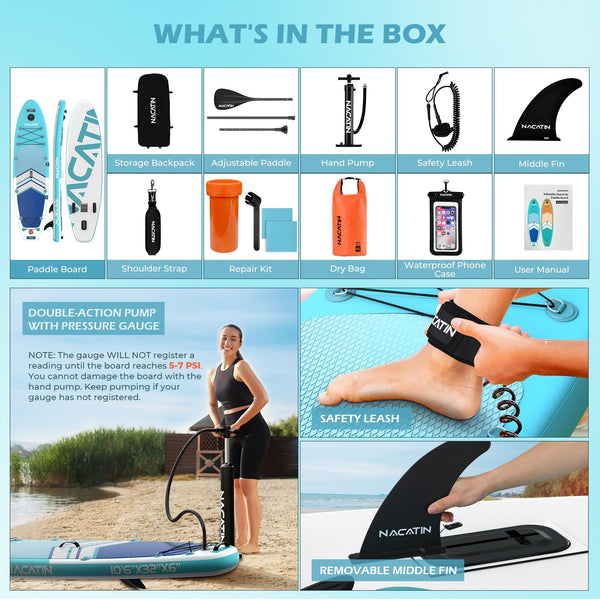 Paddle Boards for Adults, NACATIN Inflatable Stand Up Paddle Board with 10'6" SUP Paddleboard, Adjustable Paddle, Pump, Backpack, Dry Bag, Ideal for All Skill Levels (Optional Kayak Seat Available)