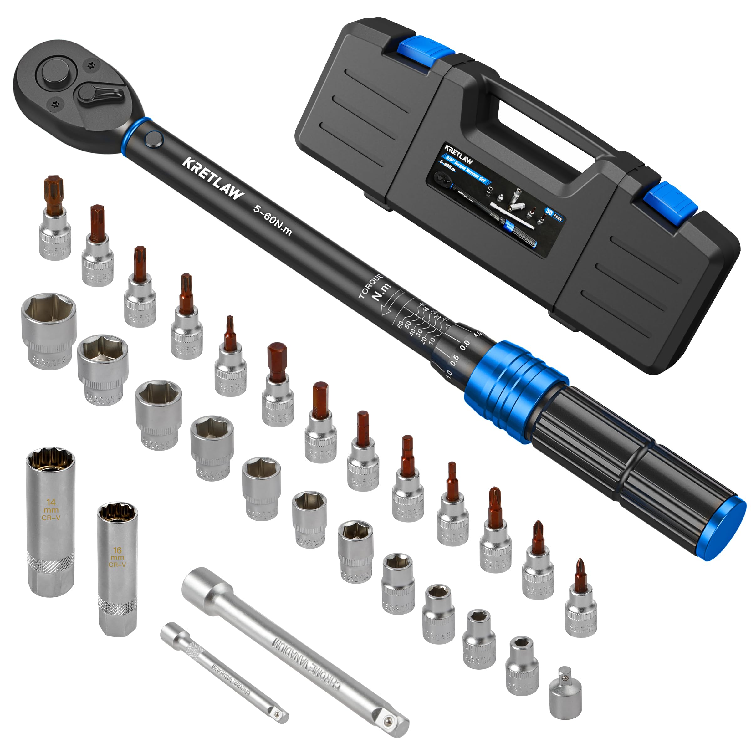 KRETLAW 3/8" Torque Wrench Set 30PCs, 5-60 Nm Drive Click Torque Wrench (72 Teeth ±3% Accuracy) with Extensions, Sockets, Adapter for Bike and Motorcycle Car Truck Maintenance