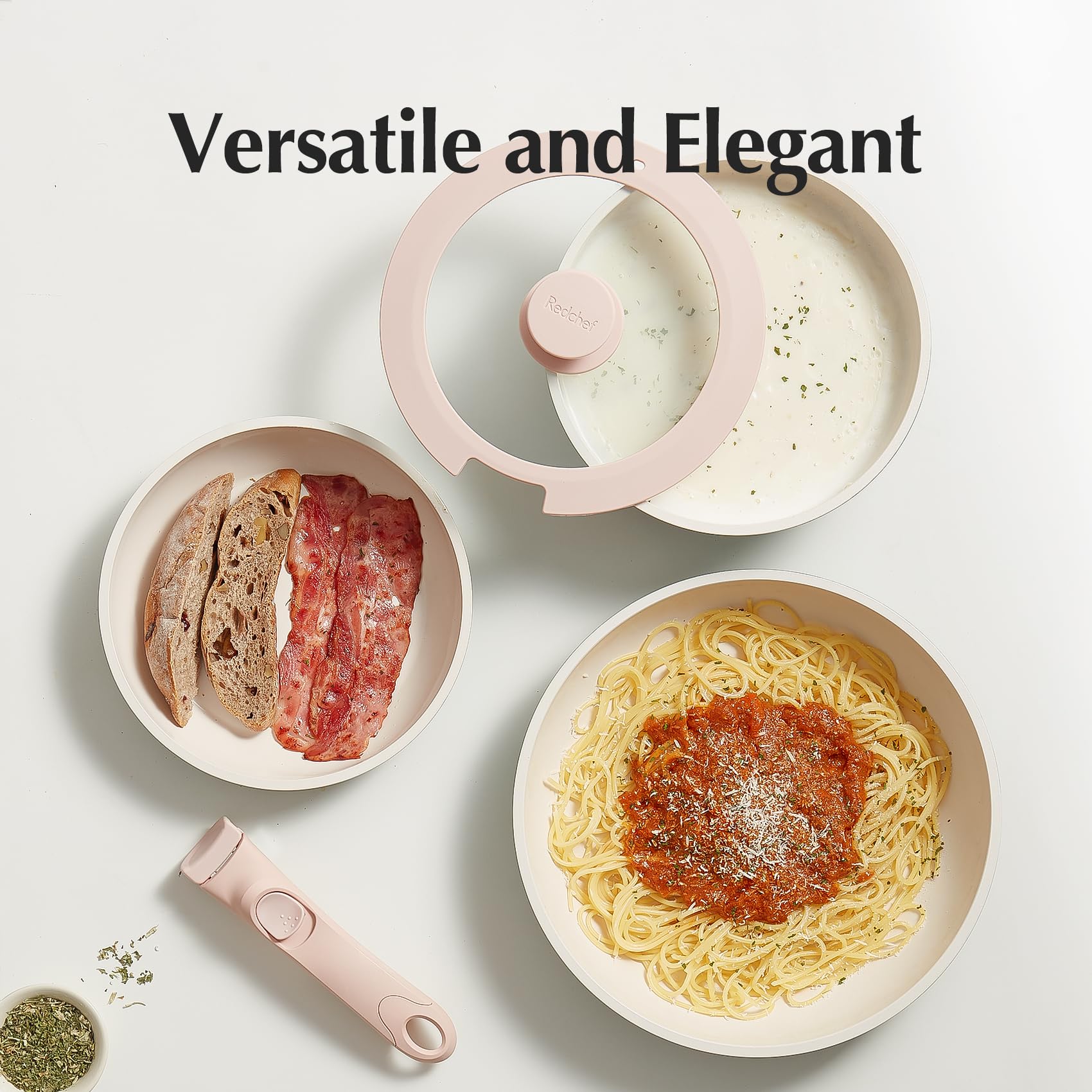 Redchef Ceramic Pots and Pans Set Non Stick, 16 pcs Nonstick Cookware Set with Detachable Handle, Non Toxic, PFAS PFOA & PTFE Free, RV Ceramic Cookware Set for Camping, Oven Safe (Pink)