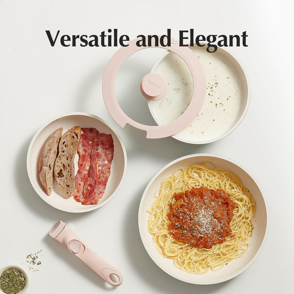 Redchef Ceramic Pots and Pans Set Non Stick, 16 pcs Nonstick Cookware Set with Detachable Handle, Non Toxic, PFAS PFOA & PTFE Free, RV Ceramic Cookware Set for Camping, Oven Safe (Pink)