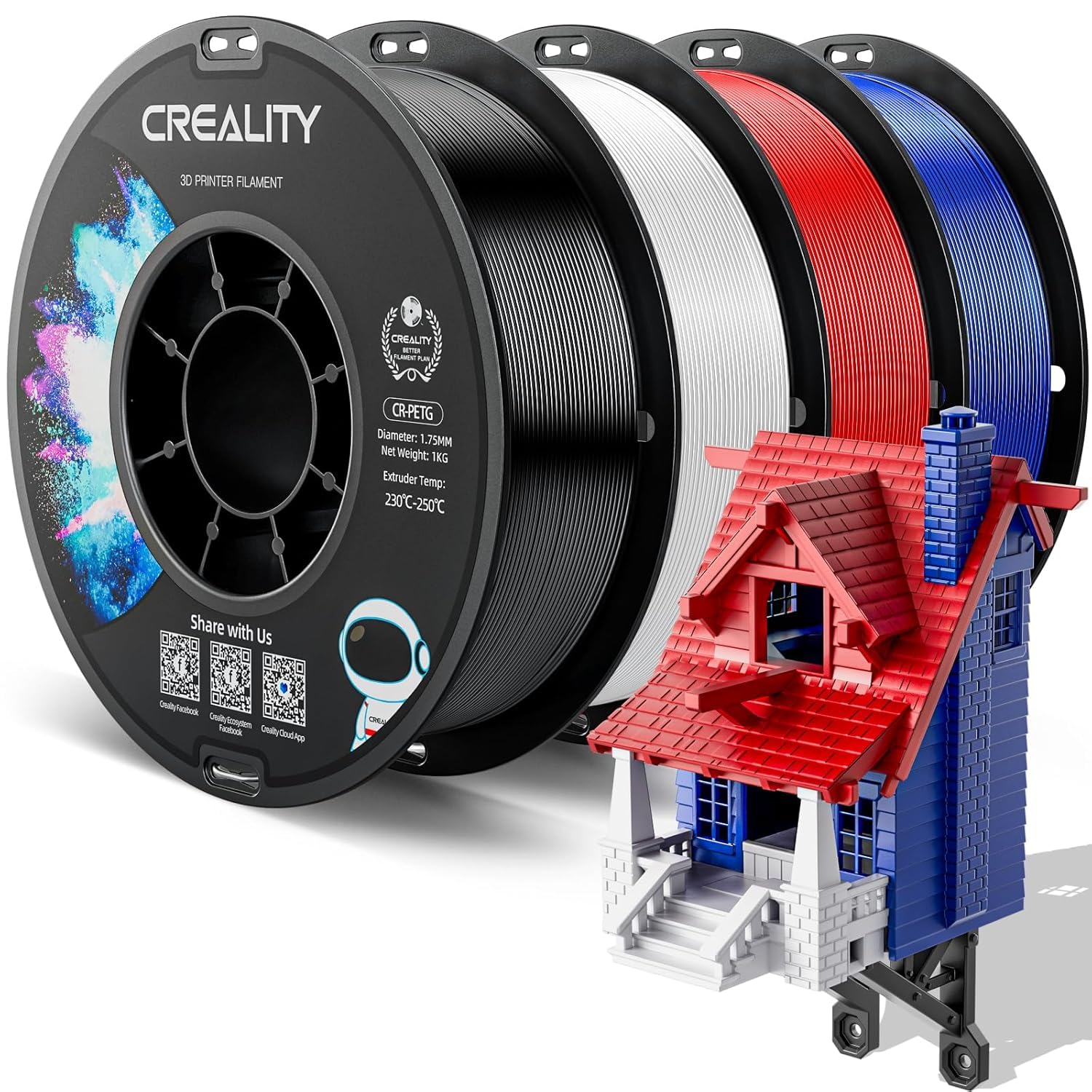 Creality CR-PETG PLA Filament 1.75mm 3D Printing Filament 4 KG, Excellent Toughness High Precision, Odorless Non-Toxic Moistureproof, 1kg(2.2lbs) Glossy for 3D Printer (Black+White+Red+Blue)*1KG