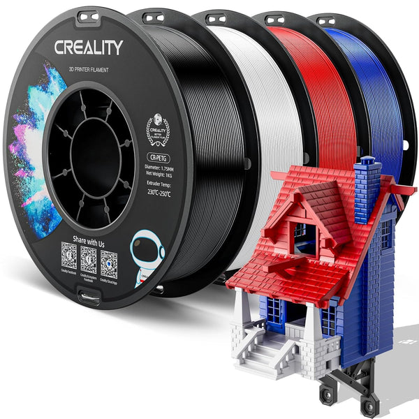 Creality CR-PETG PLA Filament 1.75mm 3D Printing Filament 4 KG, Excellent Toughness High Precision, Odorless Non-Toxic Moistureproof, 1kg(2.2lbs) Glossy for 3D Printer (Black+White+Red+Blue)*1KG