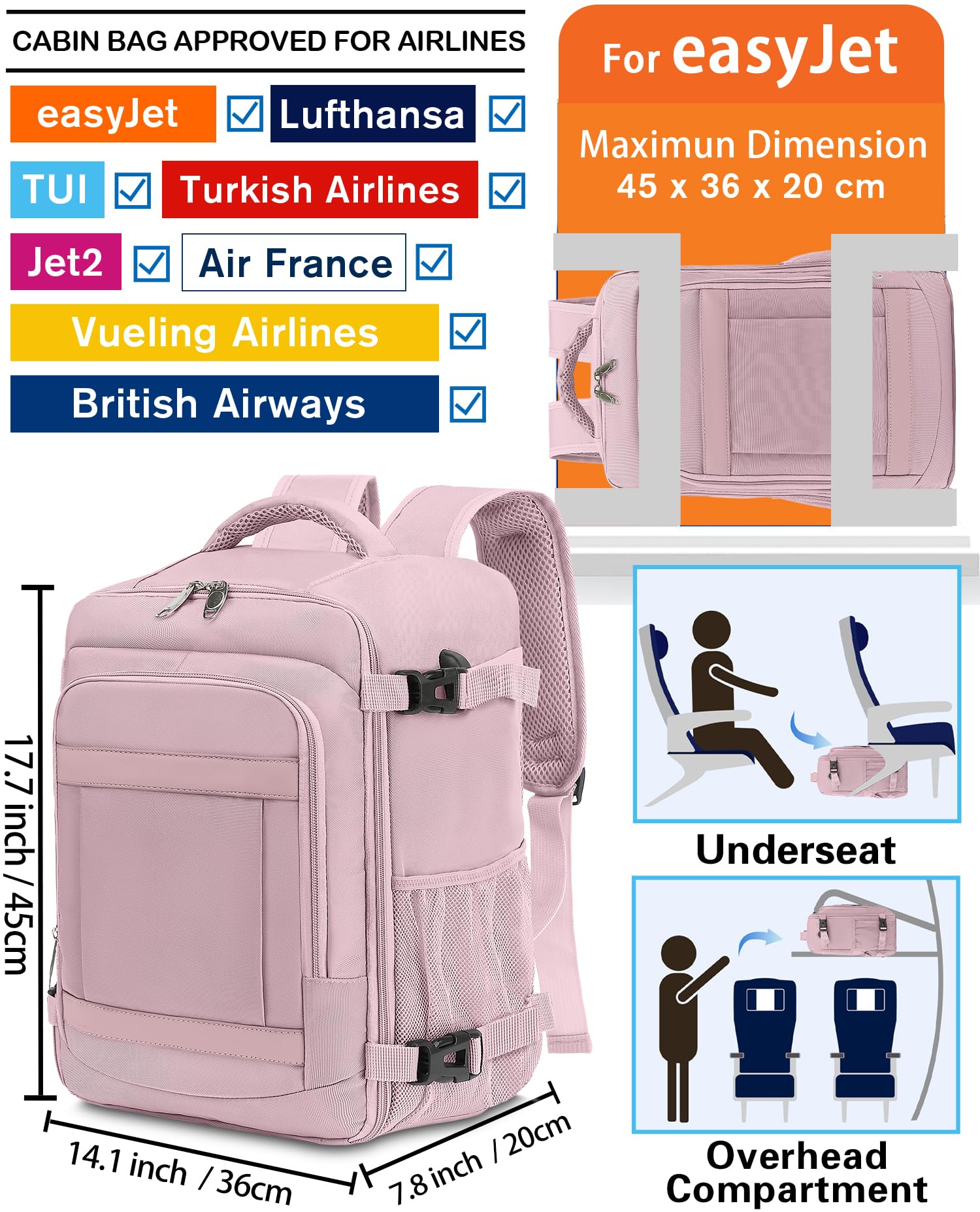 KLOSTAIN for Easyjet Cabin Bag 45x36x20 Travel Backpack Hand Luggage Carry-ons Bag Laptop Backpack Ruscksack for Airplanes Flight New Easyjet Underseat Cabin Bags Fit 14" Laptop Navy