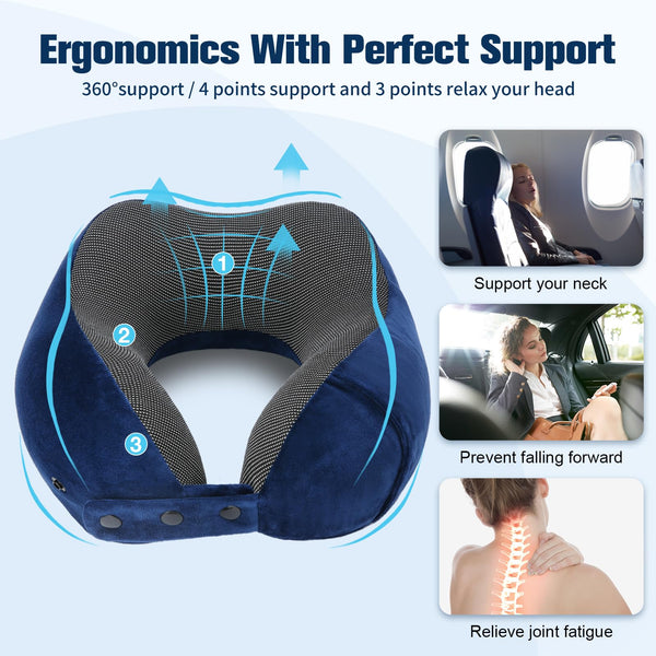 Cirorld Travel Pillow for Airplane, Neck Pillow for Travel, Memory Foam Travel Neck Pillow for Adults, Adjustable & Compact Flight Pillow, Ergonomic Neck Cushion, With Ear Plugs, Eye Mask, Carry Bag