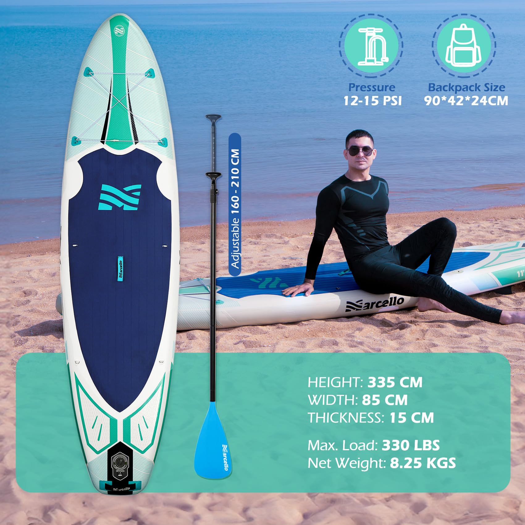 Baudelio Paddle Board, Inflatable Stand UP Paddle Board, 11’x 34”x 6” Paddle Board with Backpack, Hand Pump, Storage Bag, Phone Case, Ultra-Light Paddle Board for Adults