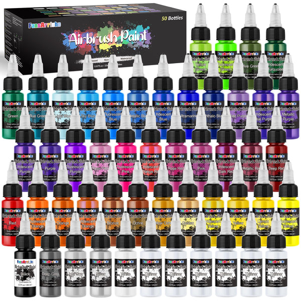 FansArriche Airbrush Paint, 44 Colours + 6 Thinners, Airbrush Water-Based Paint, Opaque & Neon Colours, Airbrush Paint Set for Beginners, Artists, DIY