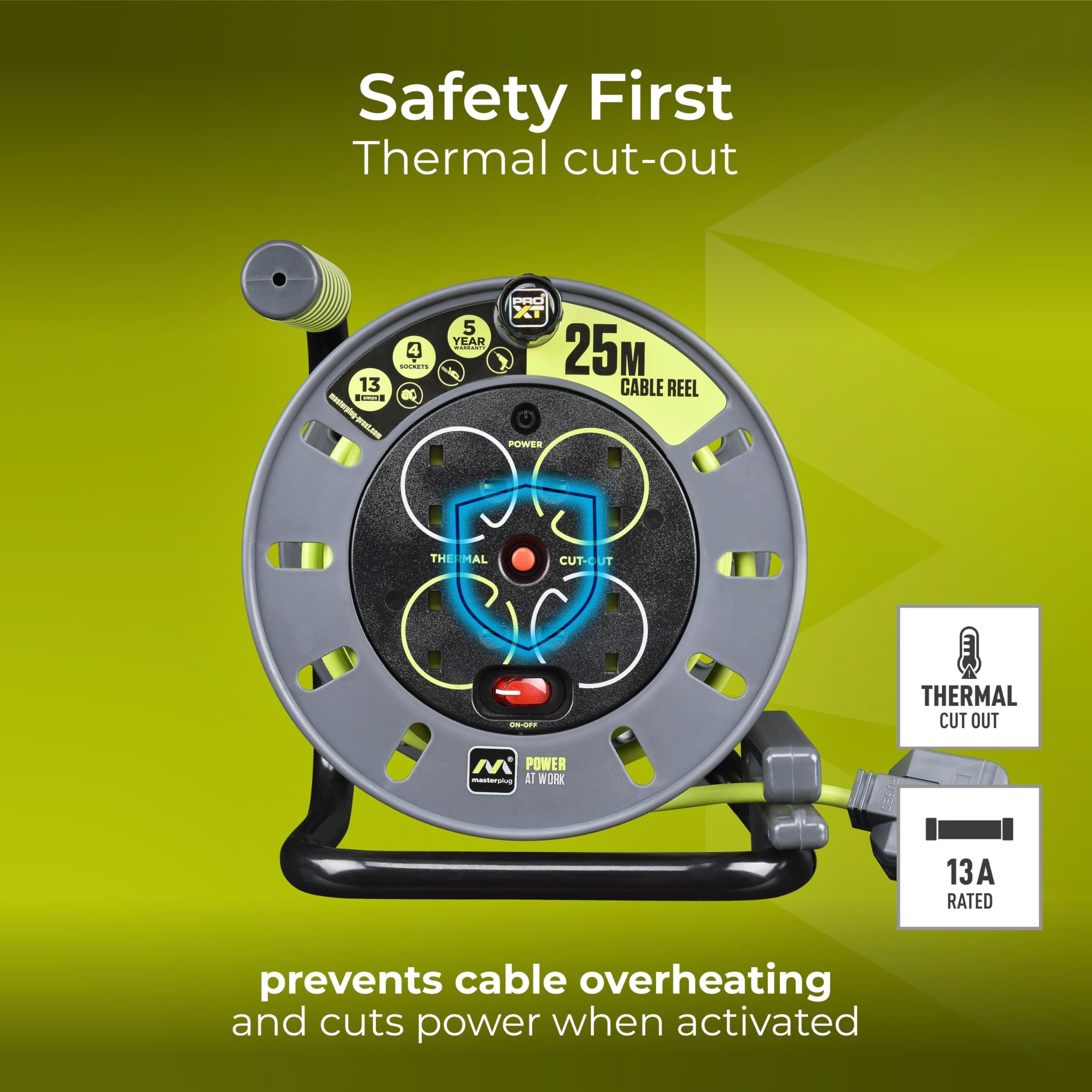Masterplug Pro-XT Four Socket Open Cable Reel Extension Lead with Winding Handle, Thermal Cut Out and Power Switch, 25 Metres High Visibility Cable , Green
