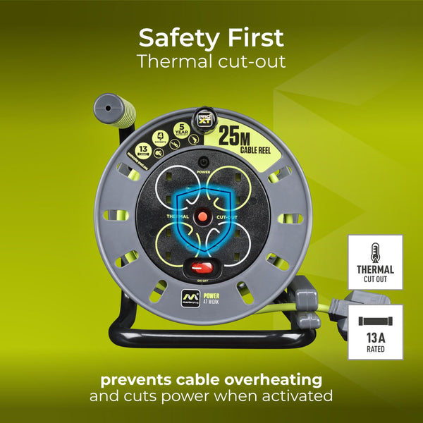 Masterplug Pro-XT Four Socket Open Cable Reel Extension Lead with Winding Handle, Thermal Cut Out and Power Switch, 25 Metres High Visibility Cable , Green