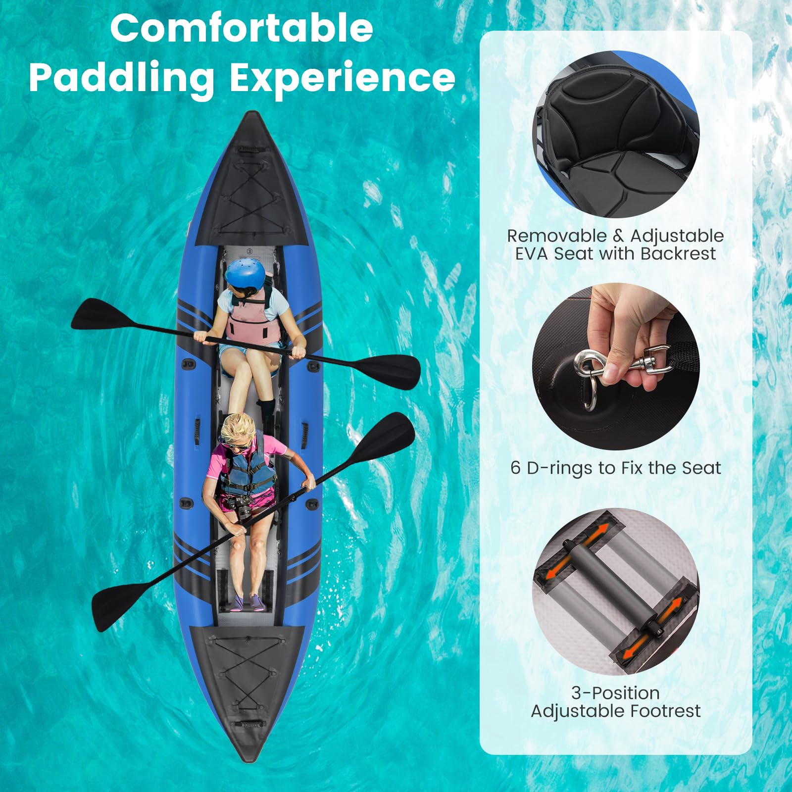 GYMAX Inflatable Kayak Set, 2-Person Inflatable Boat with Aluminum Oars, EVA Padded Seat, Fins, Hand Pump, Repair Kit and Carry Bag, Blow Up Canoe for Lakes, Rivers & Sea Shores