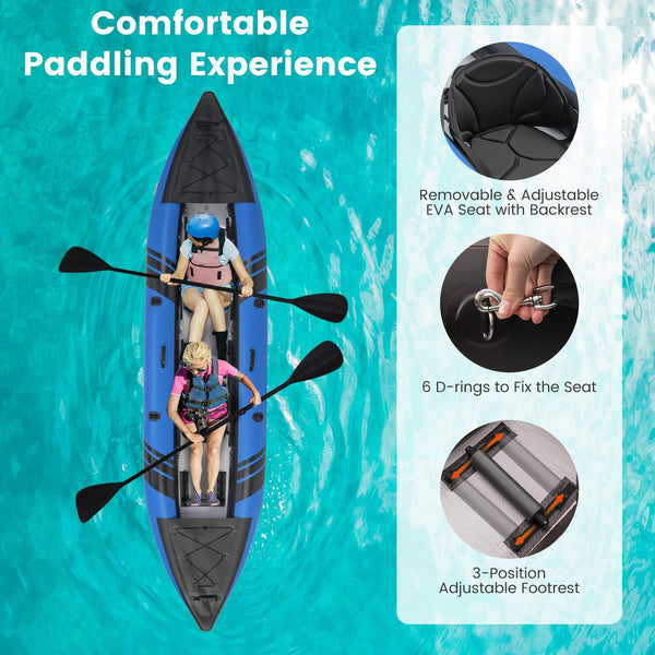 GYMAX Inflatable Kayak Set, 2-Person Inflatable Boat with Aluminum Oars, EVA Padded Seat, Fins, Hand Pump, Repair Kit and Carry Bag, Blow Up Canoe for Lakes, Rivers & Sea Shores