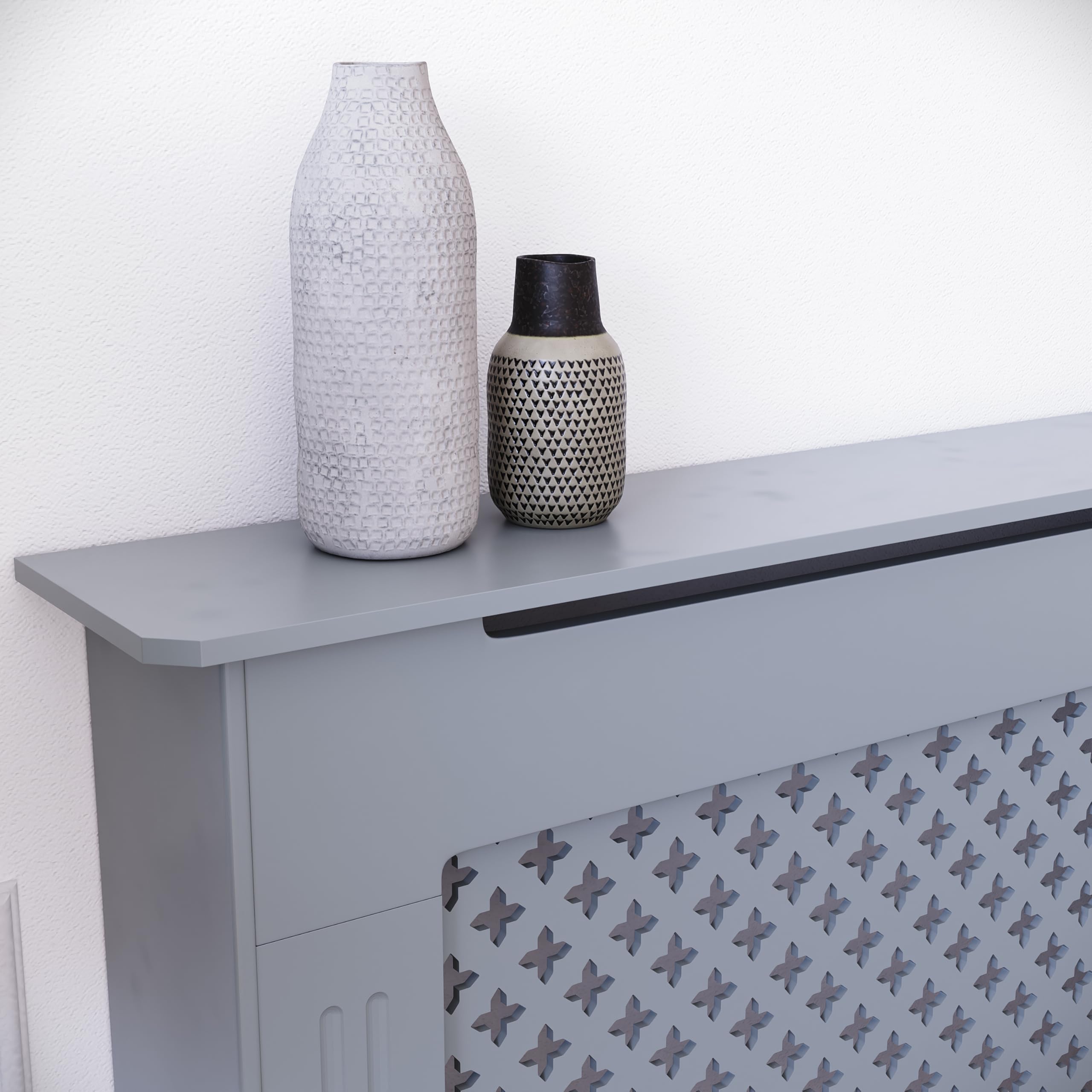Vida Designs Oxford Radiator Cover – Traditional Cross Pattern, Olive Grey, MDF, Modern Painted Finish, Heat Efficient, Small, (H 82 x W 78 x D 19 cm)