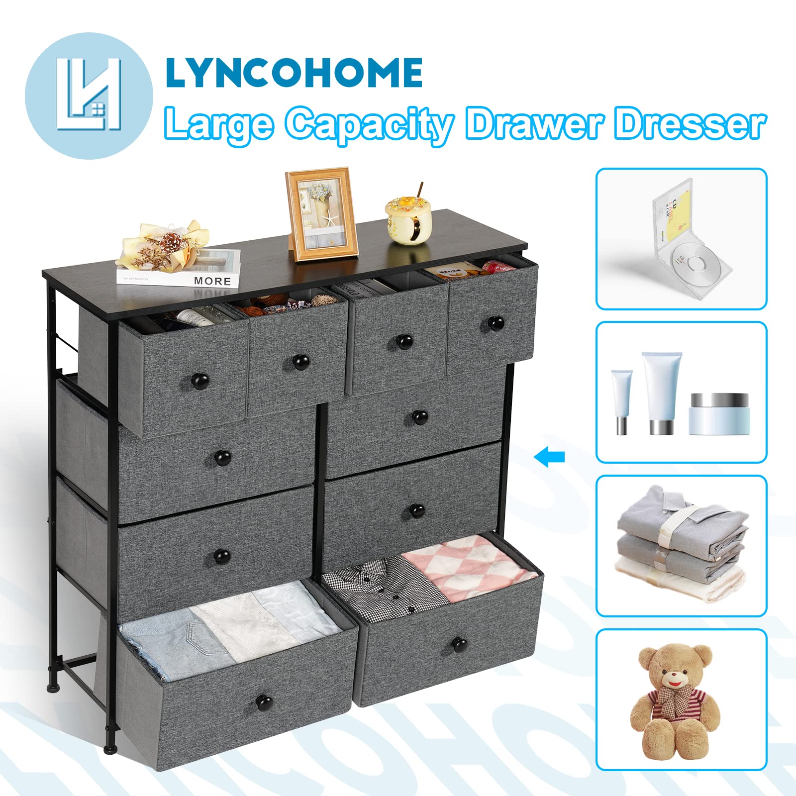 LYNCOHOME Chest of Drawers Bedroom Furniture with 10 Drawers,Storage Organiser for Hallway, Living room, Kids room, Closet,Cold Gray