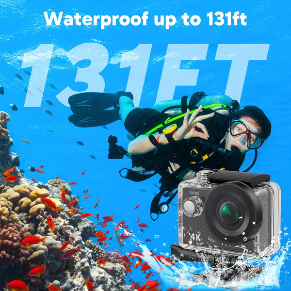 AKASO EK7000 Action Camera Floating Hand Grip Bundle - Includes 4K30FPS EK7000 Underwater Camera, Floating Hand Grip, 2 Batteries, Carrying Case, and Accessory Kits