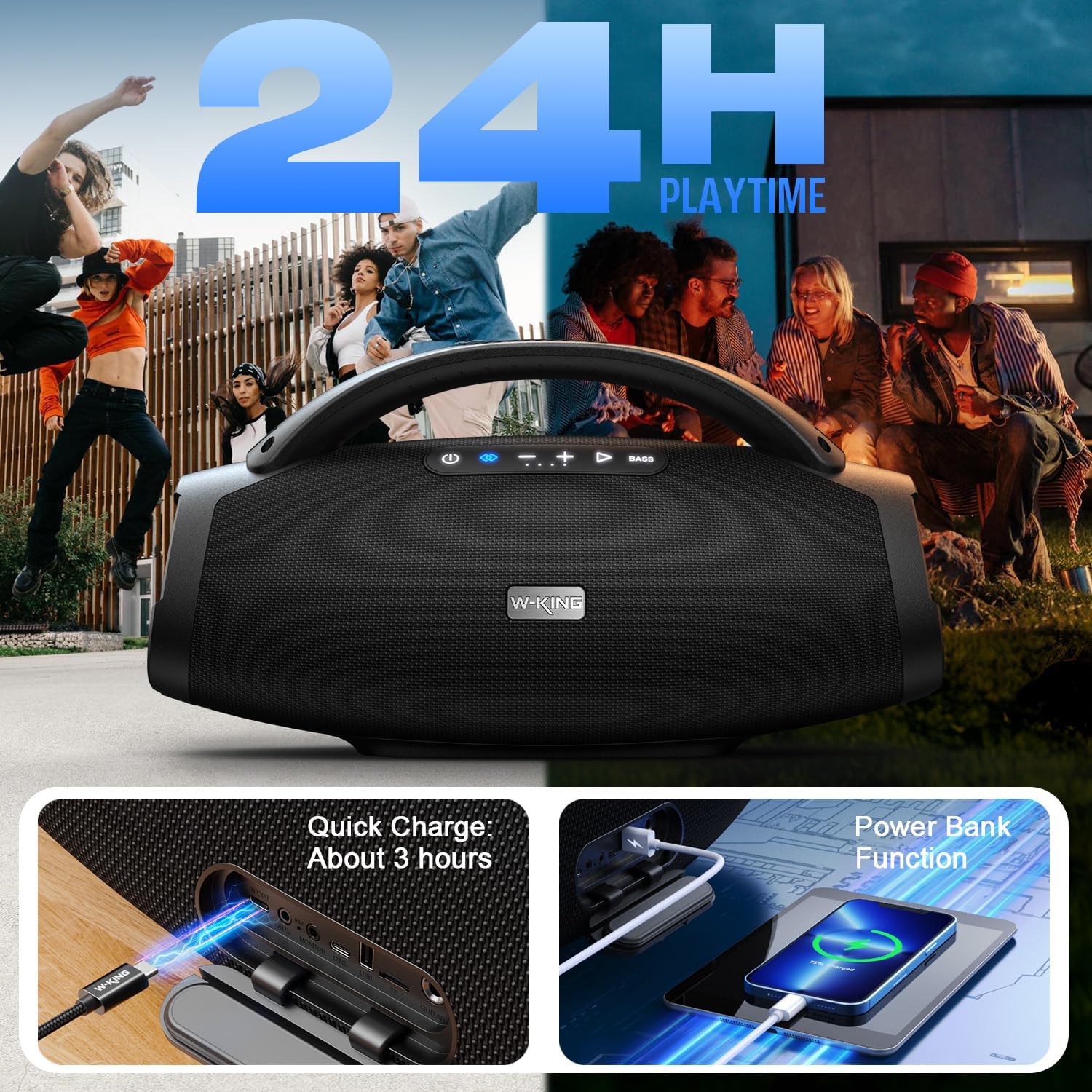 W-KING Bluetooth Speaker X20, 300W PEAK 200W RMS Portable Speaker Party with 40Hz Massive Boom box, 7.5'' Subwoofer, IPX7, EQ APP, 2.1 Ch, V5.4, 30H, MIC-GTR, Fast Charging, for Camping, Beach, Garden