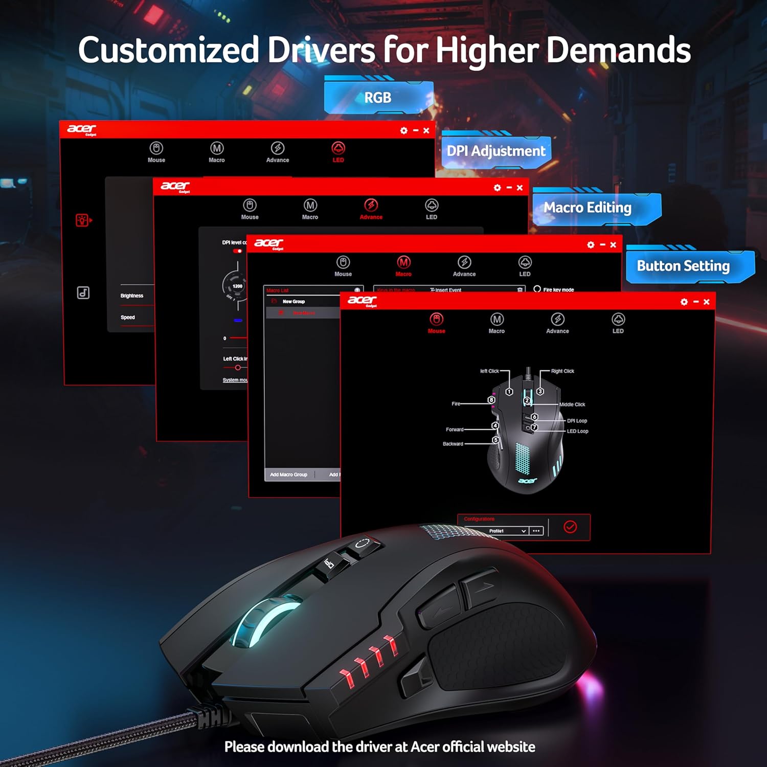 acer Wired Gaming Mouse, 12800 DPI Mouse Gaming RGB, 1000Hz Polling Rate, 8 Programmable Button, 12 Backlights, High Precision, Rapid Fire, Ergonomic Computer Mouse with Driver for Laptop, PC, Mac