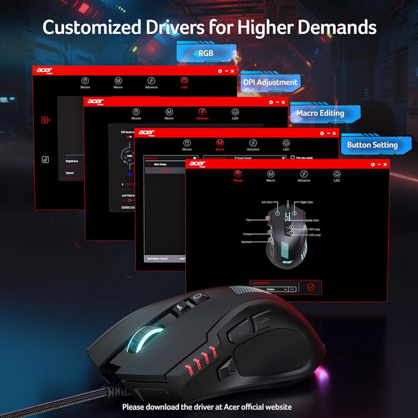 acer Wired Gaming Mouse, 12800 DPI Mouse Gaming RGB, 1000Hz Polling Rate, 8 Programmable Button, 12 Backlights, High Precision, Rapid Fire, Ergonomic Computer Mouse with Driver for Laptop, PC, Mac