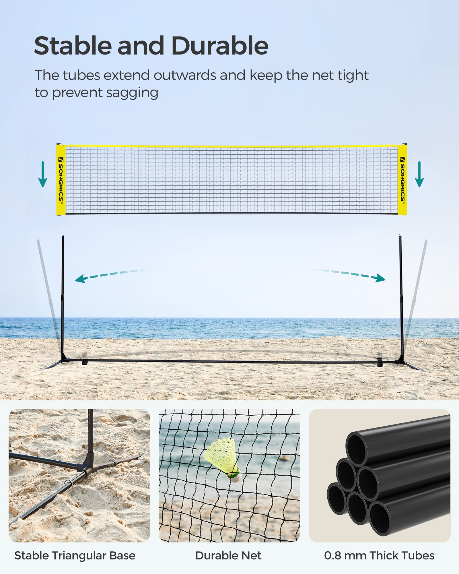 SONGMICS 3 m Badminton Net, Volleyball Net, Adjustable Poles Height, Portable Set for Tennis
