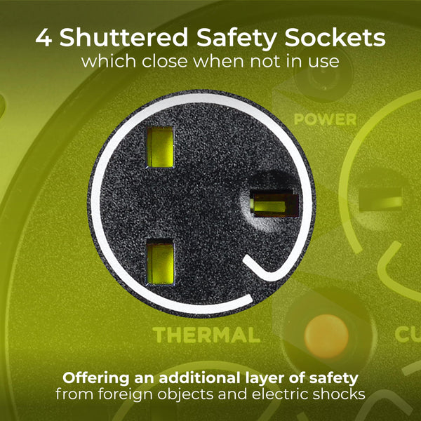 Masterplug Pro-XT Four Socket Open Cable Reel Extension Lead with Winding Handle, Thermal Cut Out and Power Switch, 25 Metres High Visibility Cable , Green